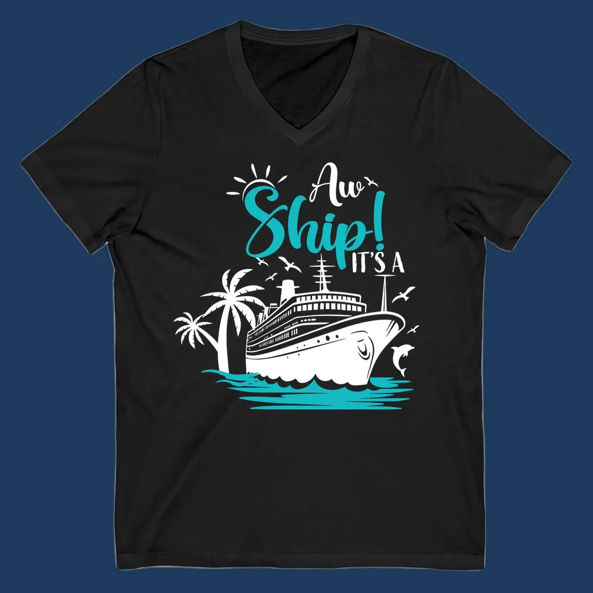 Aw ship it's a cruise design with ship, palm trees, waves, and seagulls in turquoise and white illustration