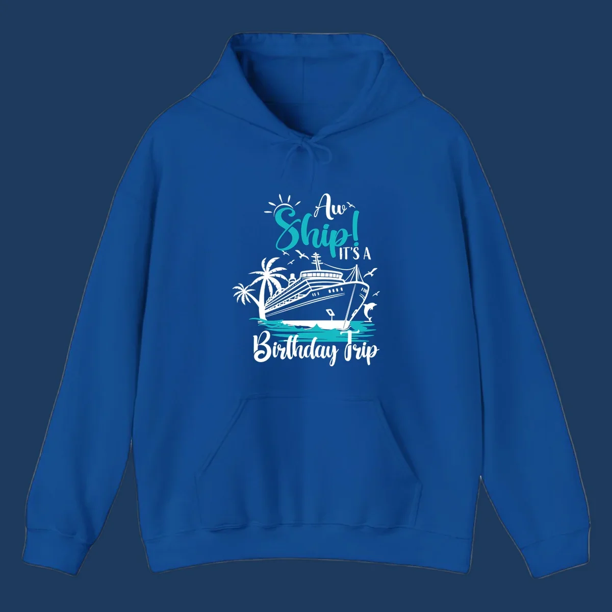 Ahoy ship birthday trip design with cruise ship, palm trees, dolphins, and ocean waves in teal and white on gray