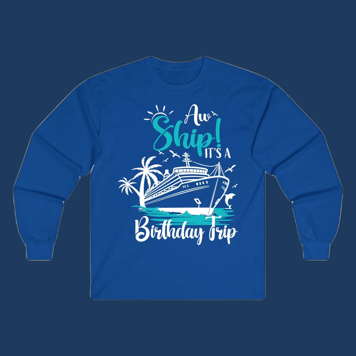 Ahoy ship birthday trip design with cruise ship, palm trees, dolphins, and ocean waves in teal and white on gray