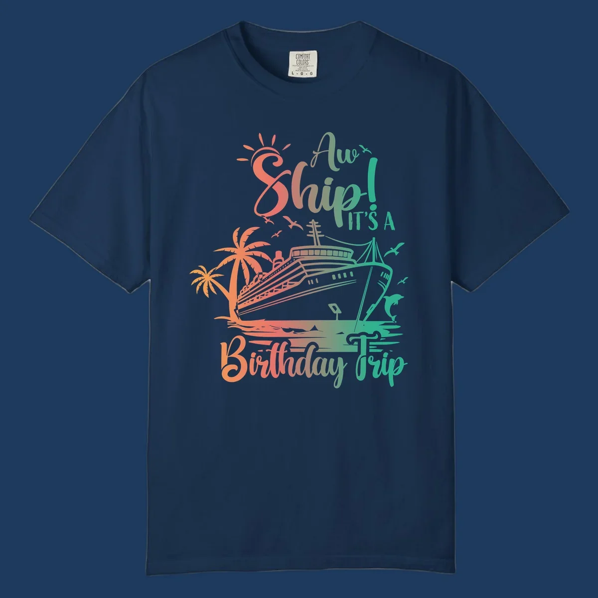 Colorful birthday cruise trip design with ship, palm trees, and sun in coral and mint green colors