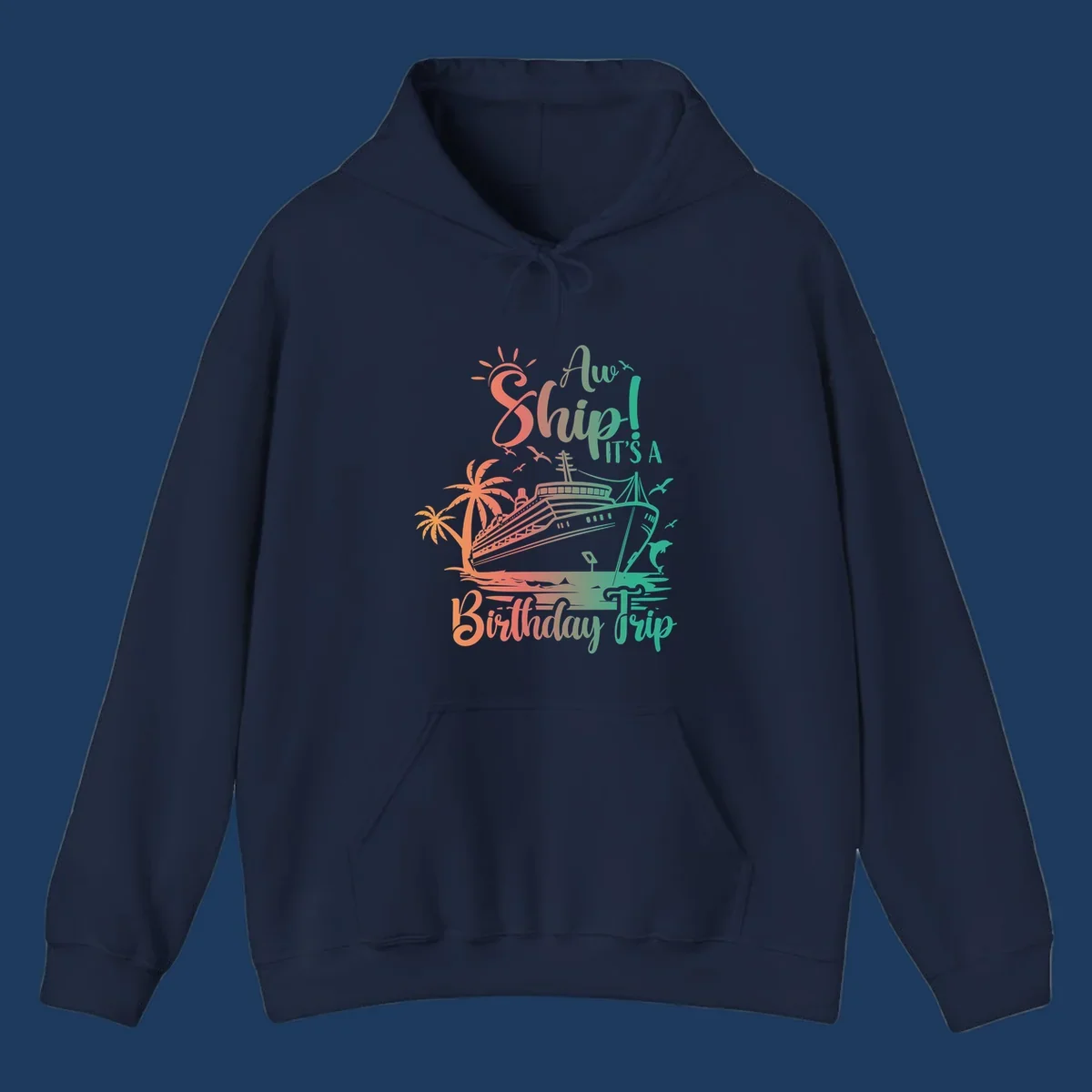 Colorful birthday cruise trip design with ship, palm trees, and sun in coral and mint green colors
