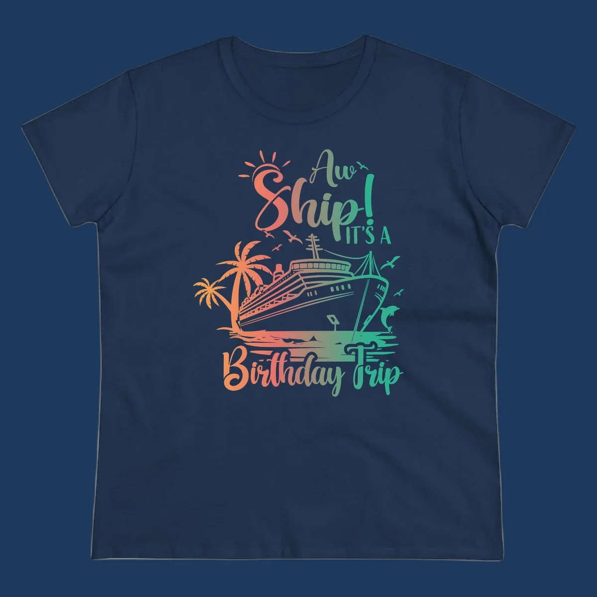 Colorful birthday cruise trip design with ship, palm trees, and sun in coral and mint green colors
