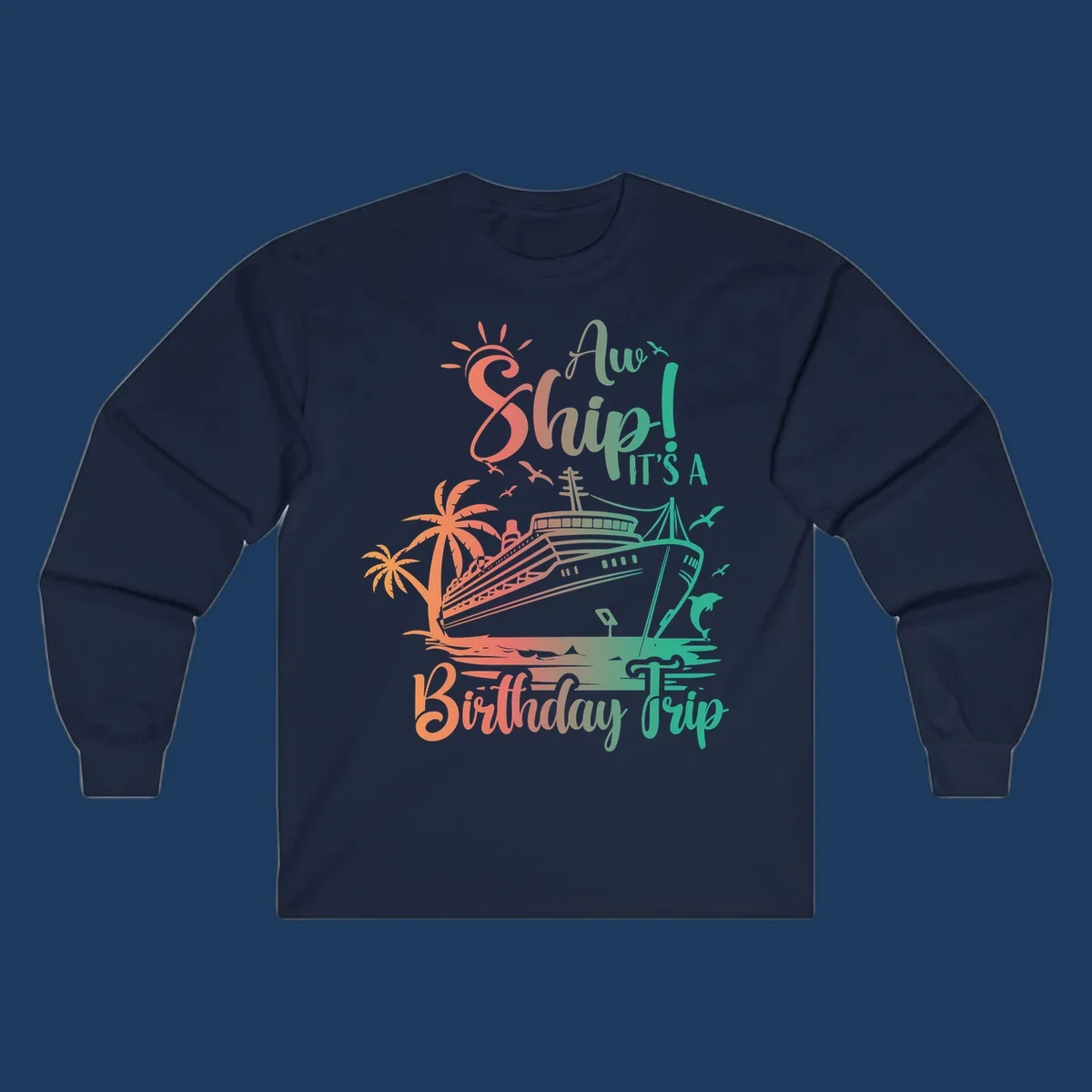 Colorful birthday cruise trip design with ship, palm trees, and sun in coral and mint green colors