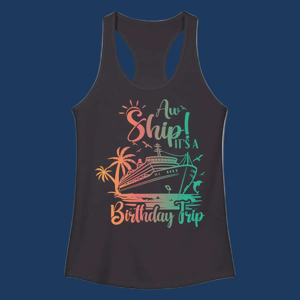 Colorful birthday cruise trip design with ship, palm trees, and sun in coral and mint green colors