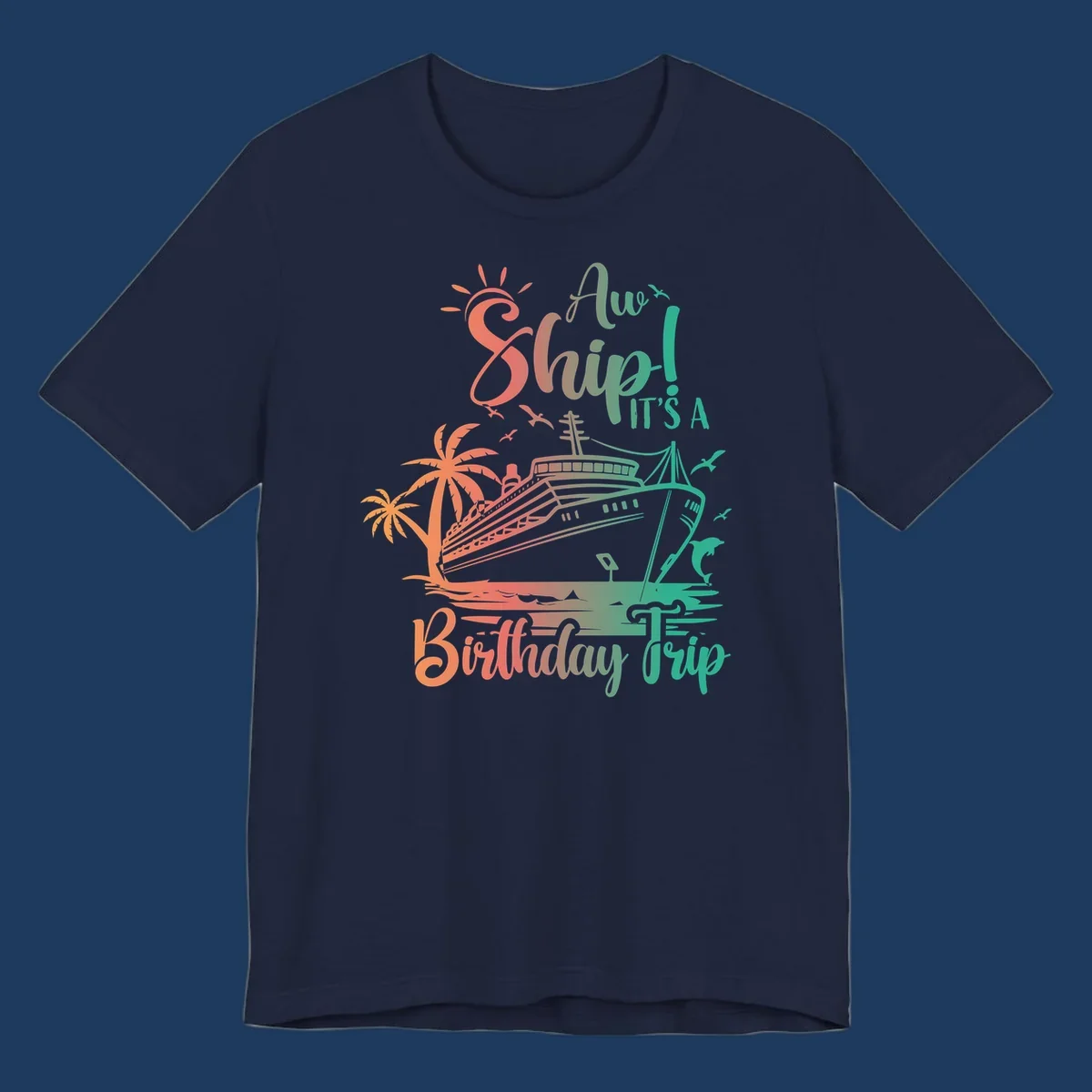 Colorful birthday cruise trip design with ship, palm trees, and sun in coral and mint green colors