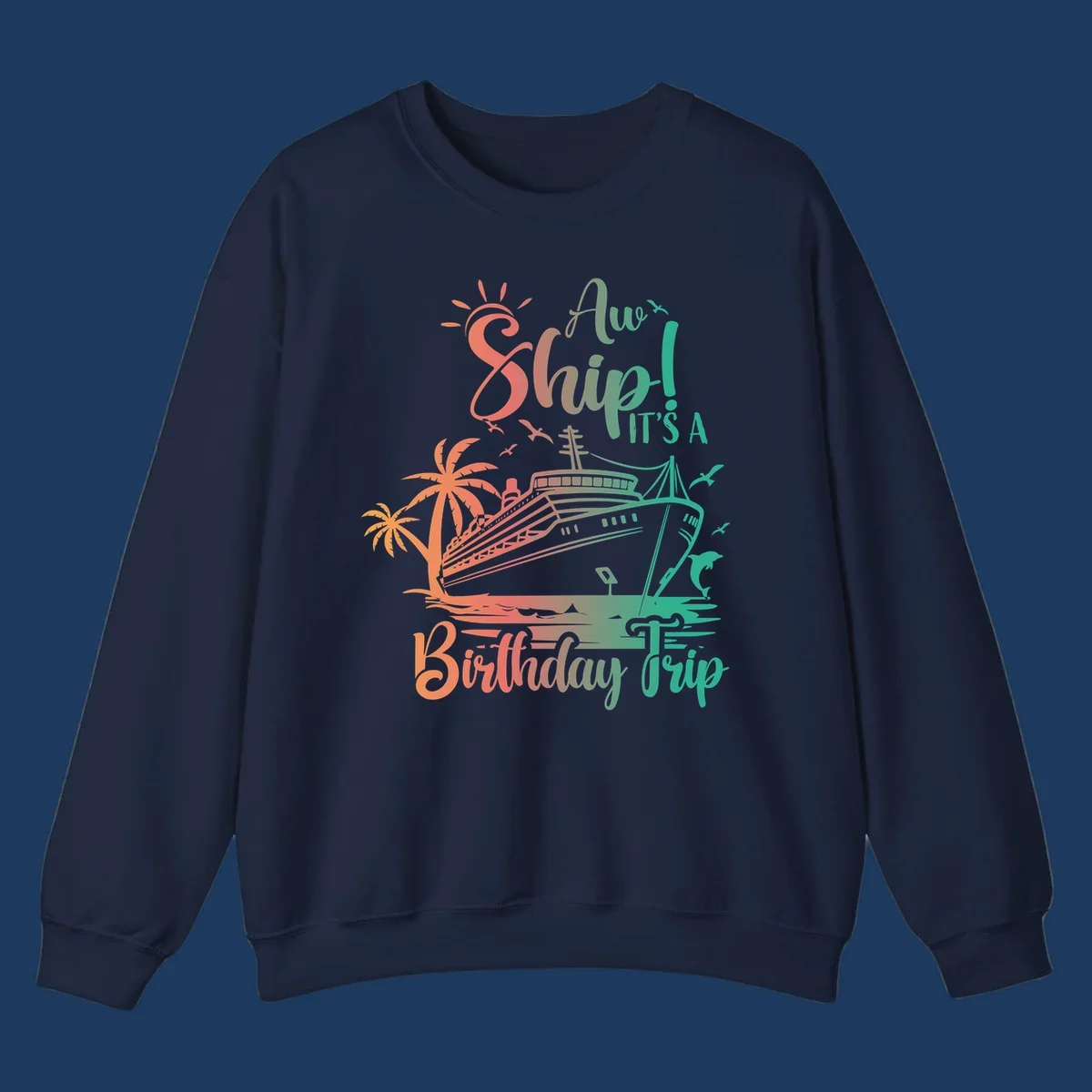 Colorful birthday cruise trip design with ship, palm trees, and sun in coral and mint green colors