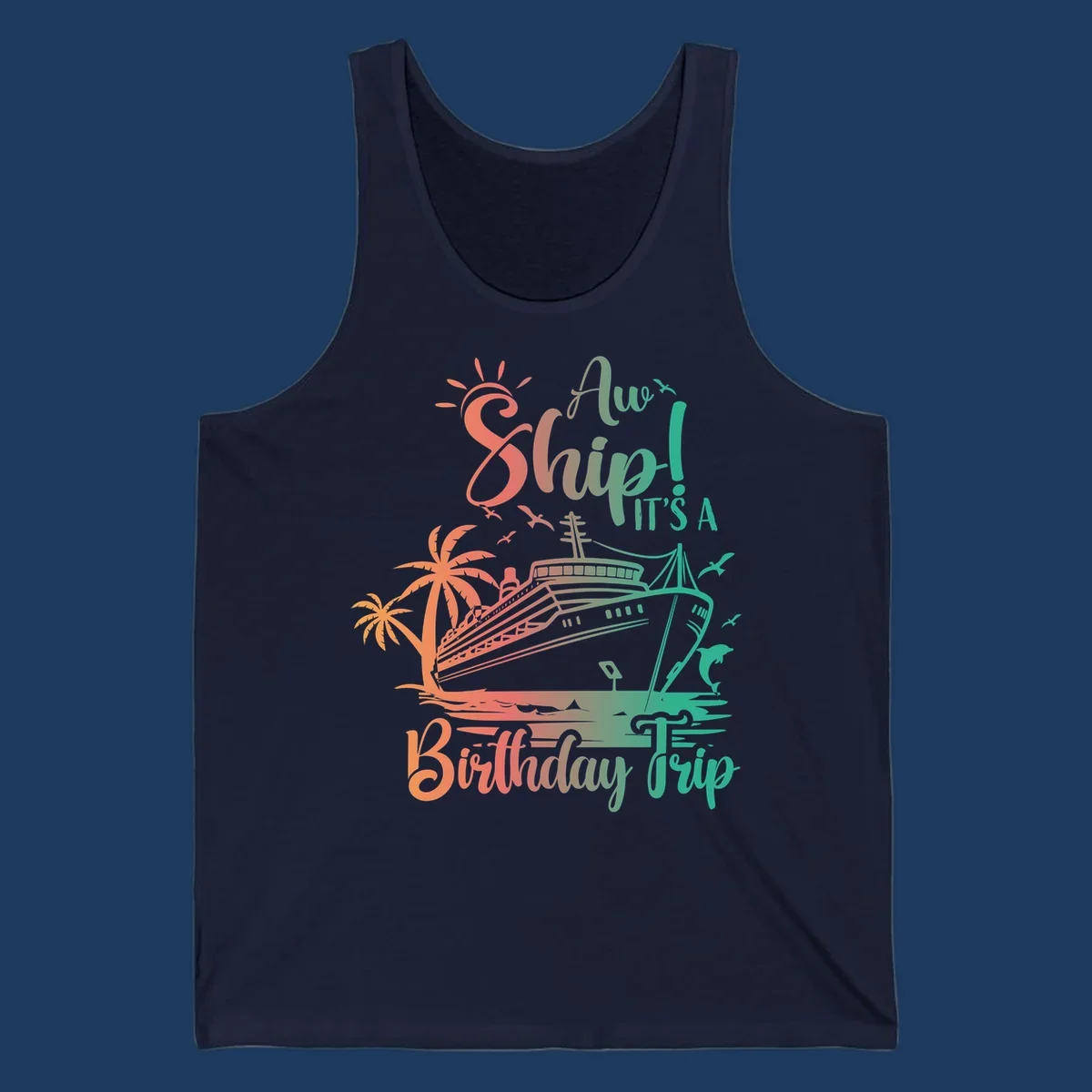 Colorful birthday cruise trip design with ship, palm trees, and sun in coral and mint green colors