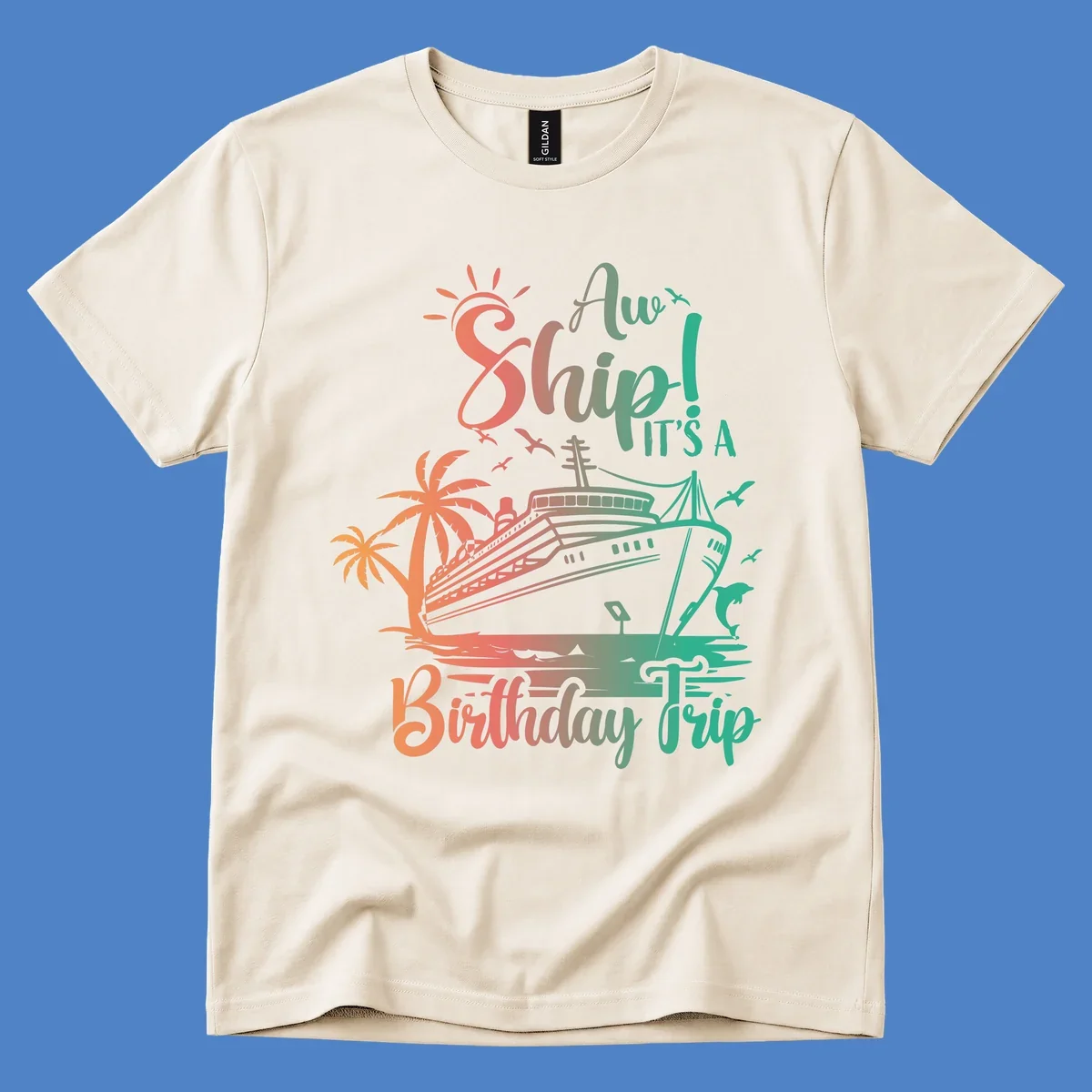 Colorful birthday cruise trip design with ship, palm trees, and sun in coral and mint green colors