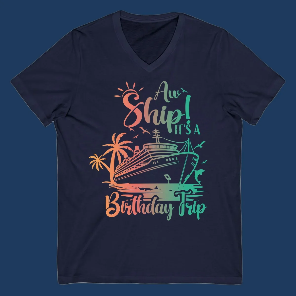 Colorful birthday cruise trip design with ship, palm trees, and sun in coral and mint green colors