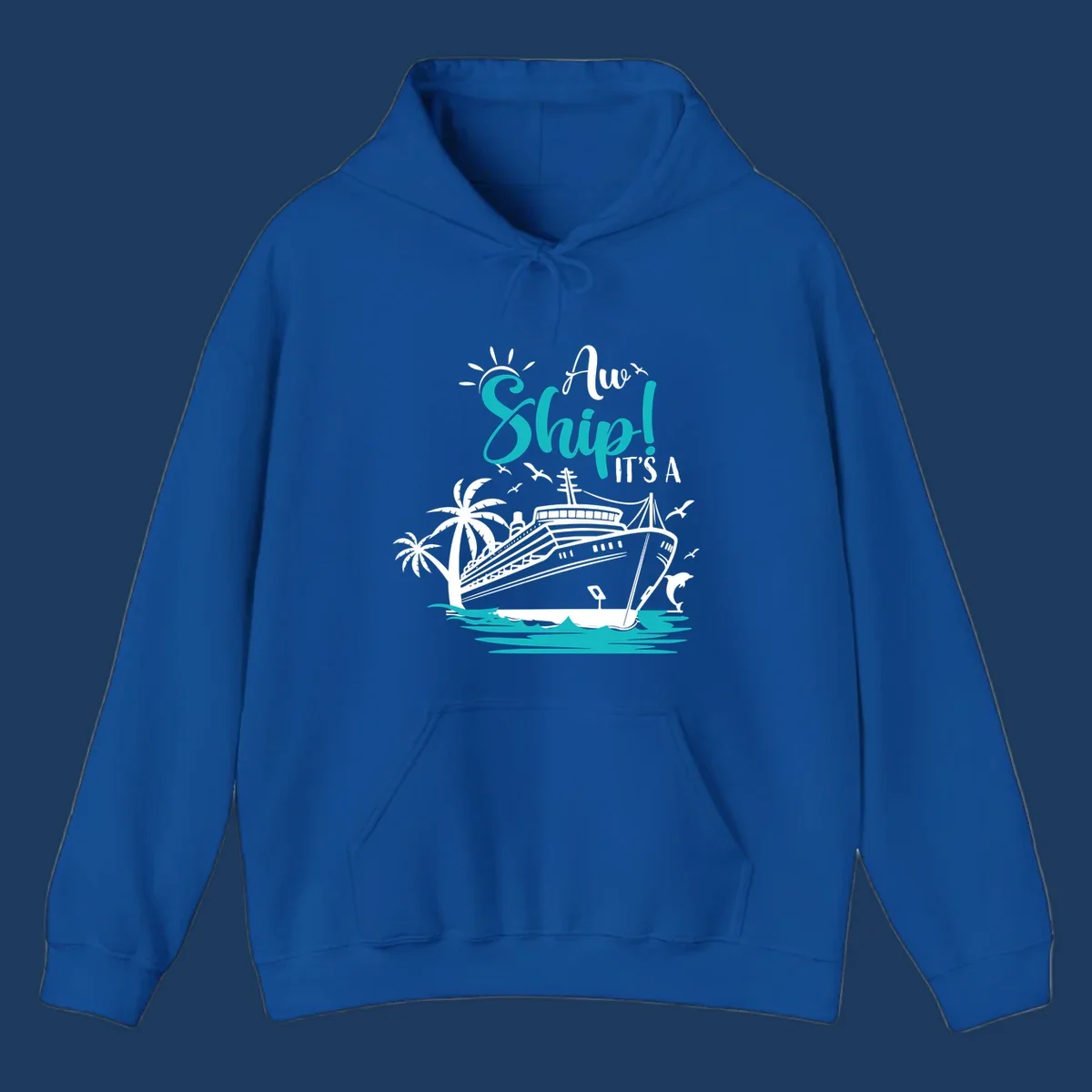Aw ship cruise pun design with ocean liner, palm trees, waves, seagulls, and dolphin illustration in turquoise and white