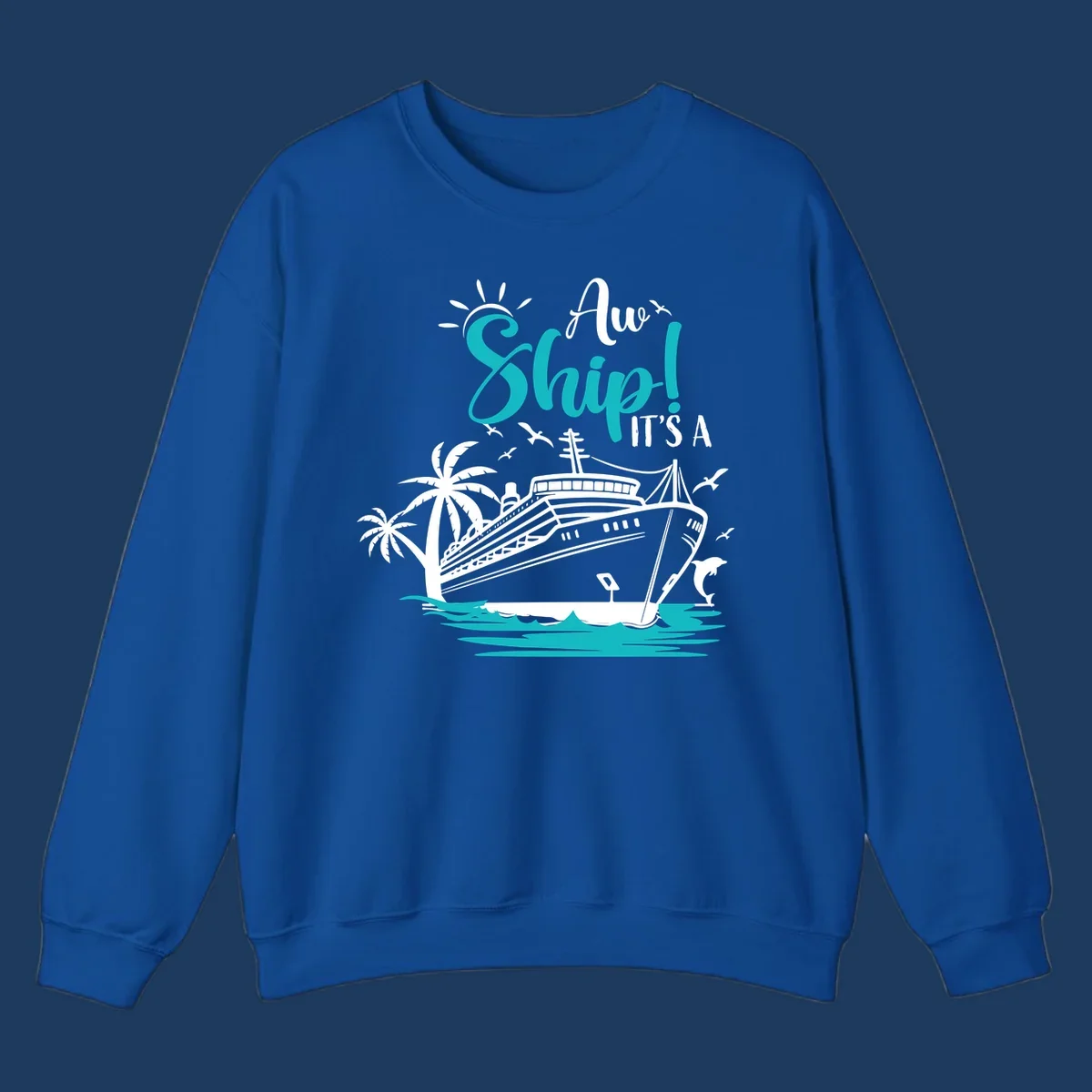 Aw ship cruise pun design with ocean liner, palm trees, waves, seagulls, and dolphin illustration in turquoise and white