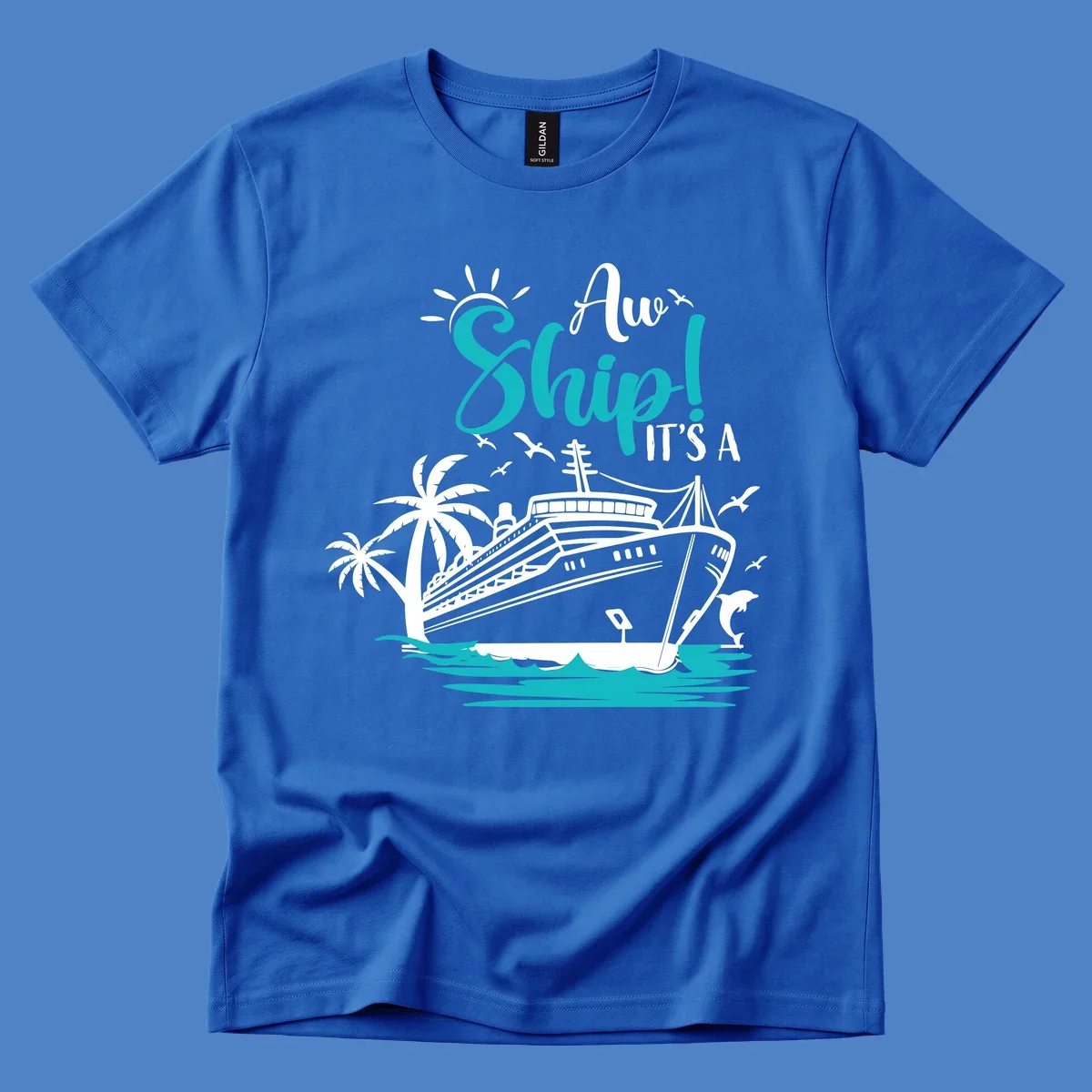 Aw ship cruise pun design with ocean liner, palm trees, waves, seagulls, and dolphin illustration in turquoise and white