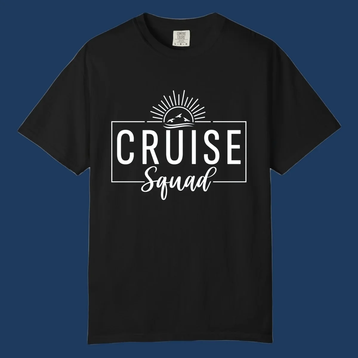 Cruise squad sunrise design with rising sun, radiating rays, ocean waves, and flying birds in white on gray background