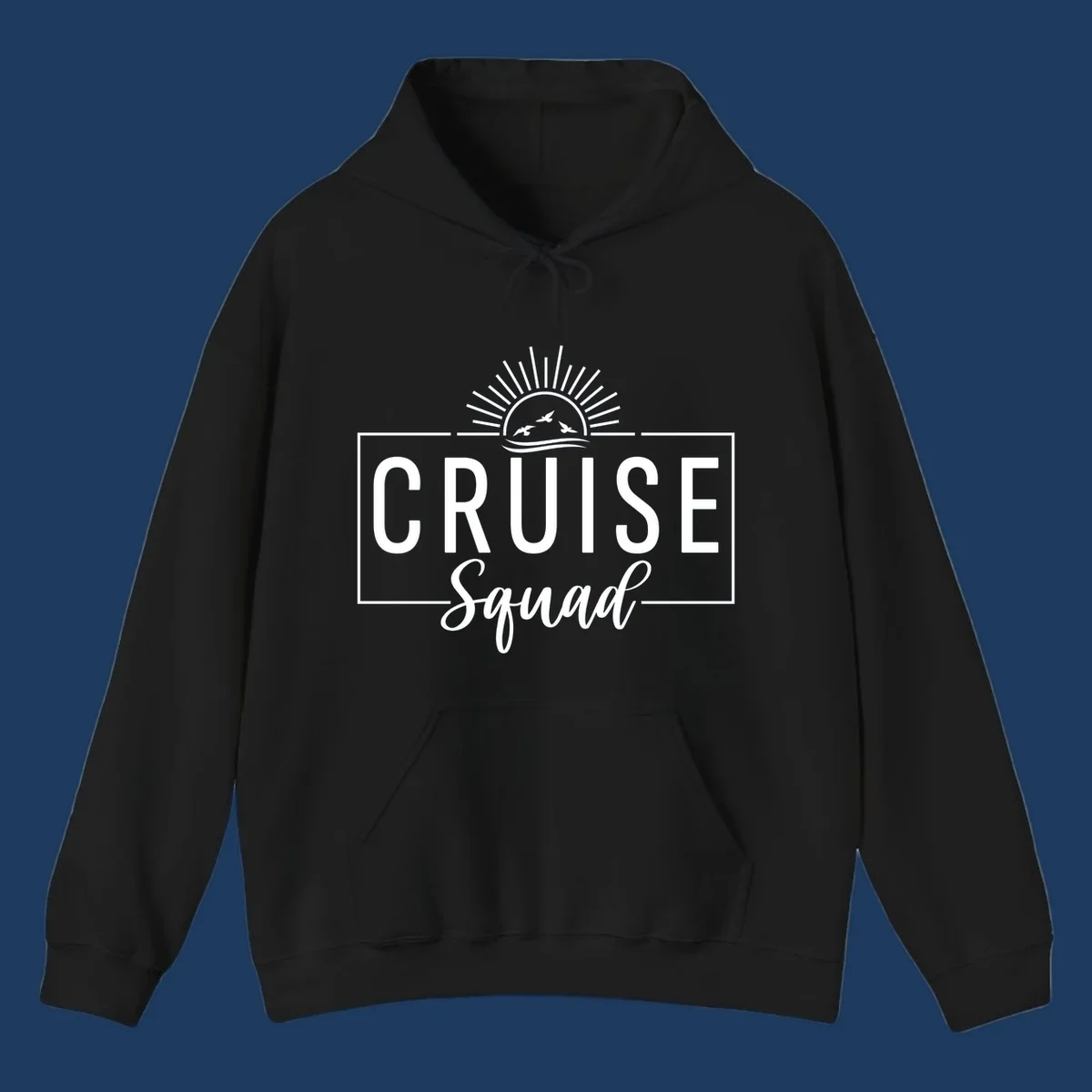 Cruise squad sunrise design with rising sun, radiating rays, ocean waves, and flying birds in white on gray background