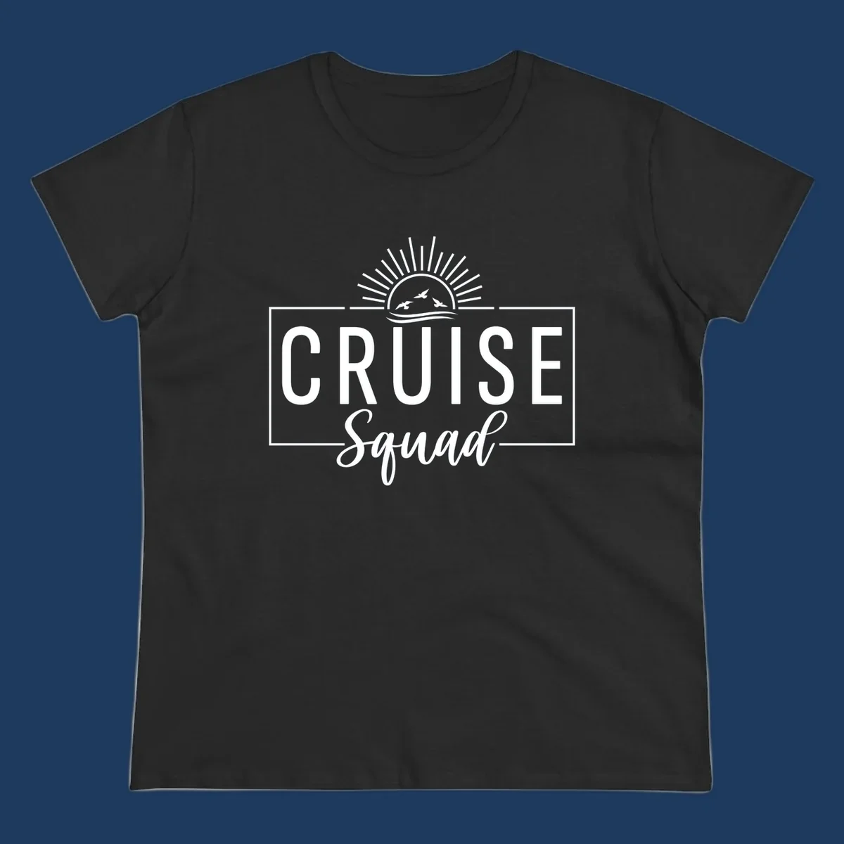 Cruise squad sunrise design with rising sun, radiating rays, ocean waves, and flying birds in white on gray background