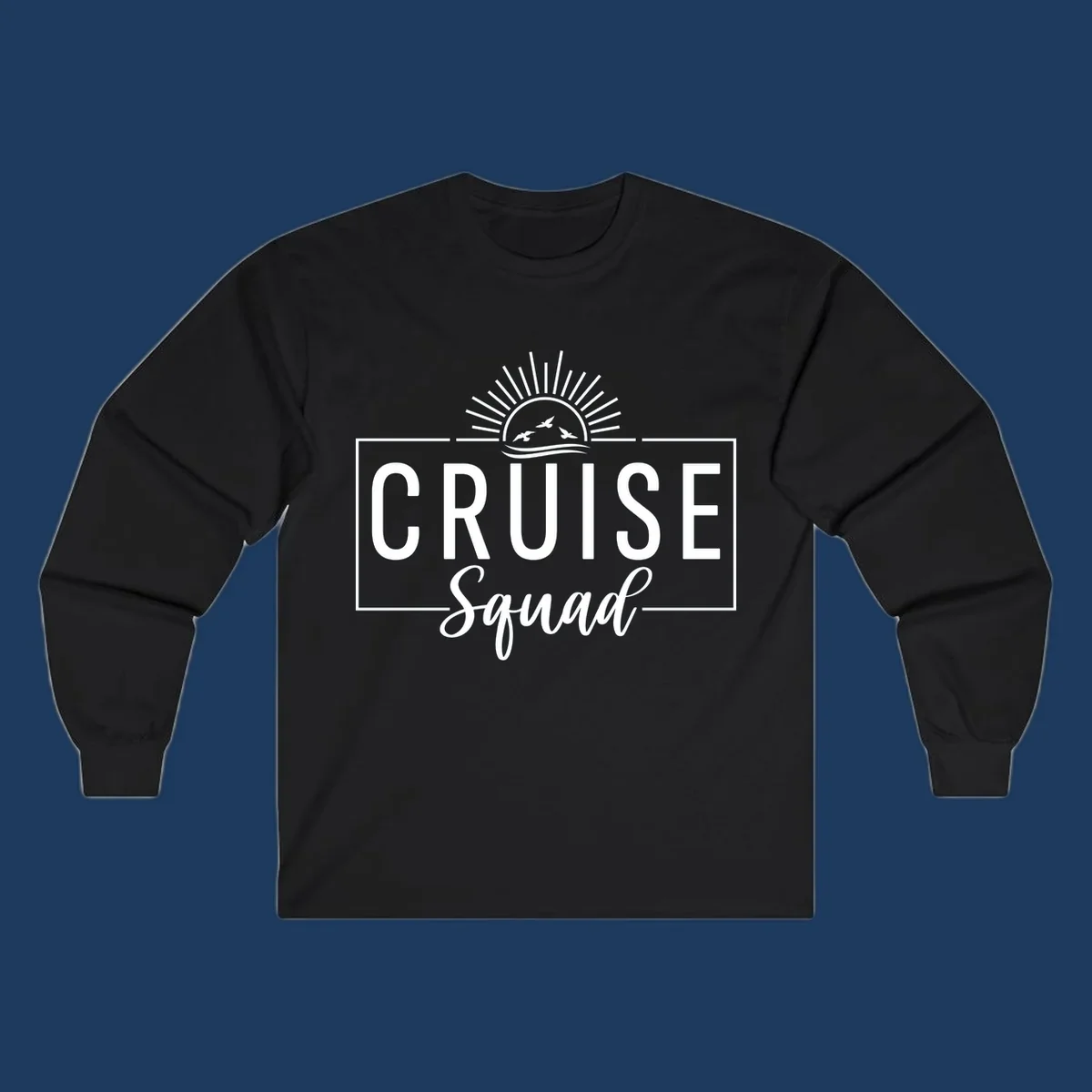 Cruise squad sunrise design with rising sun, radiating rays, ocean waves, and flying birds in white on gray background