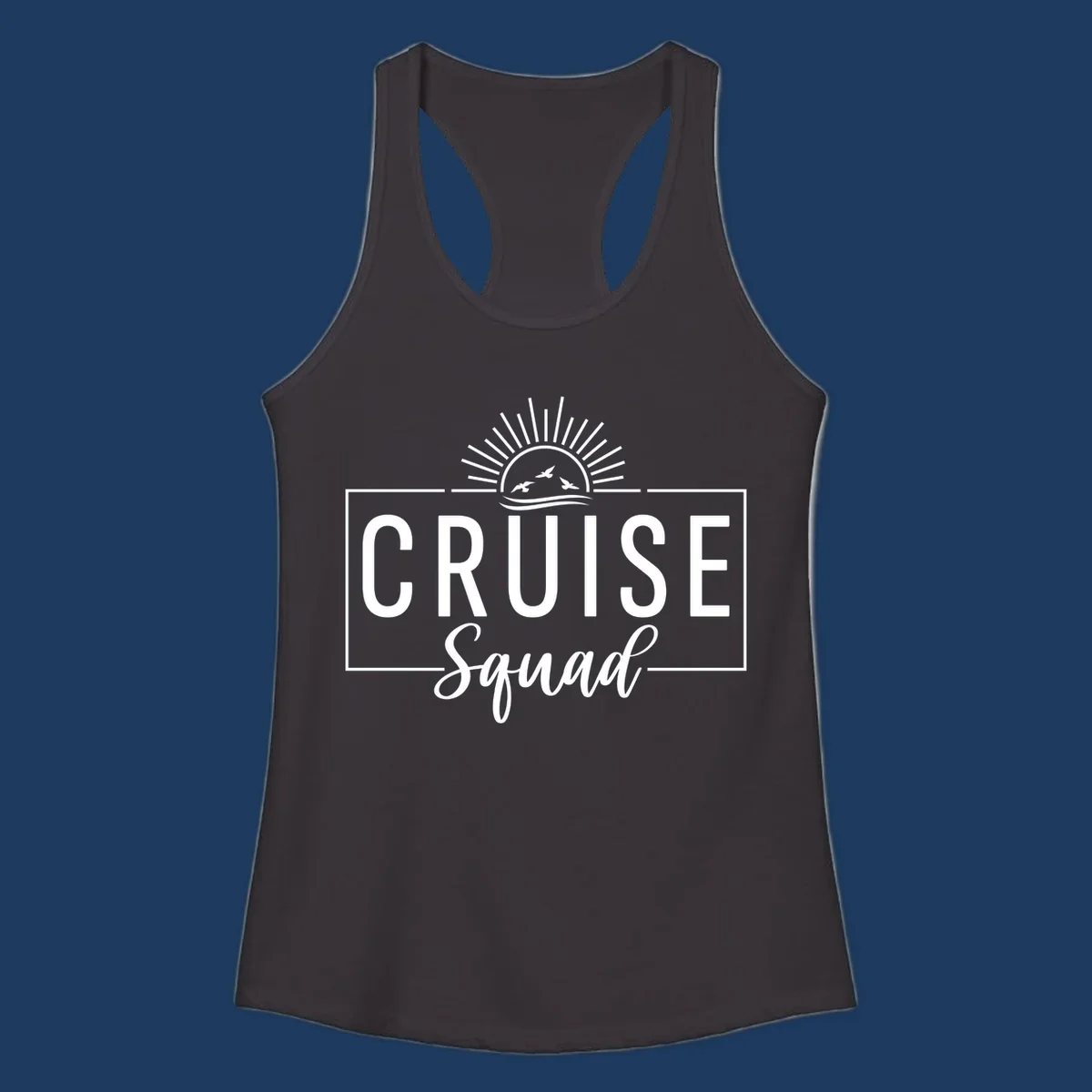 Cruise squad sunrise design with rising sun, radiating rays, ocean waves, and flying birds in white on gray background