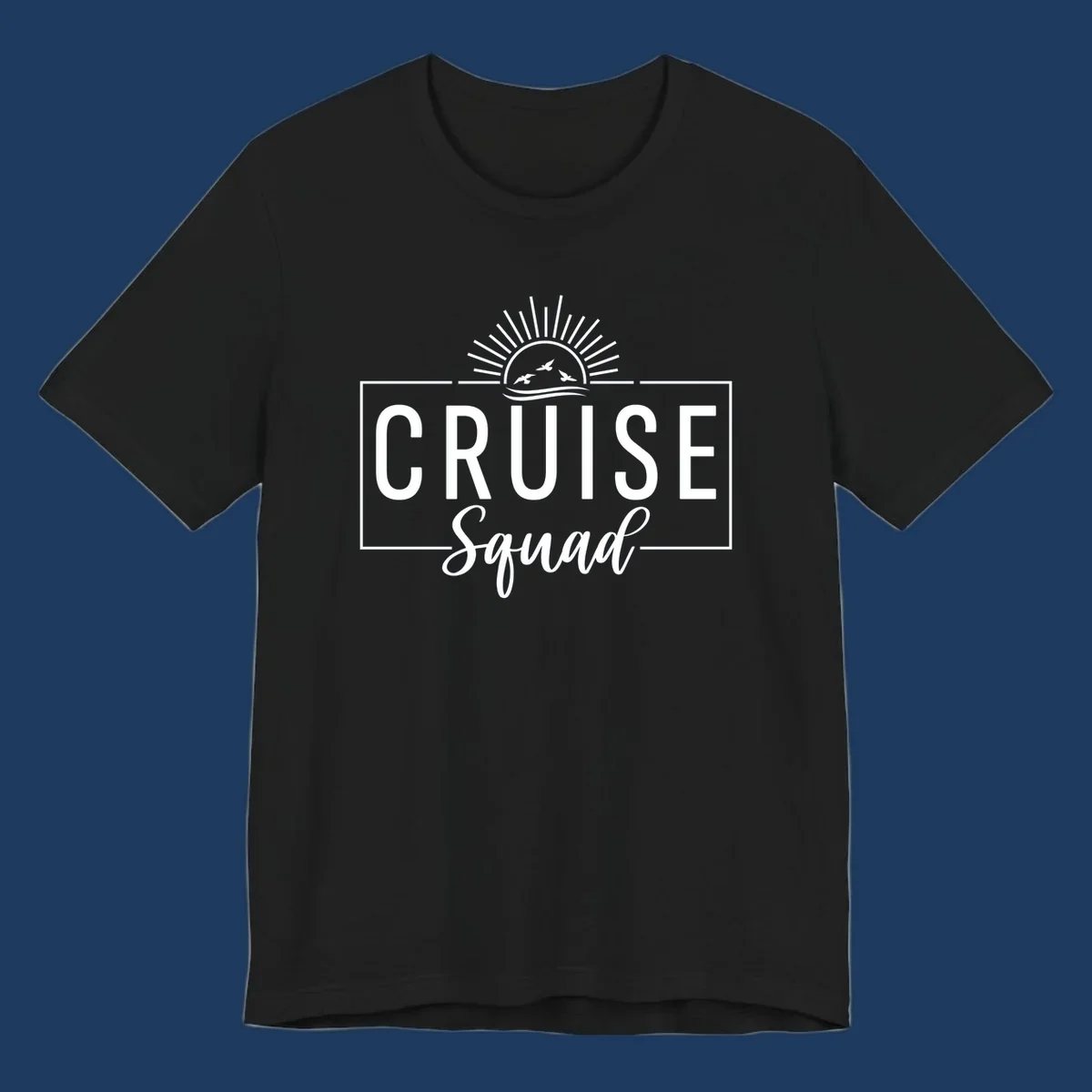 Cruise squad sunrise design with rising sun, radiating rays, ocean waves, and flying birds in white on gray background