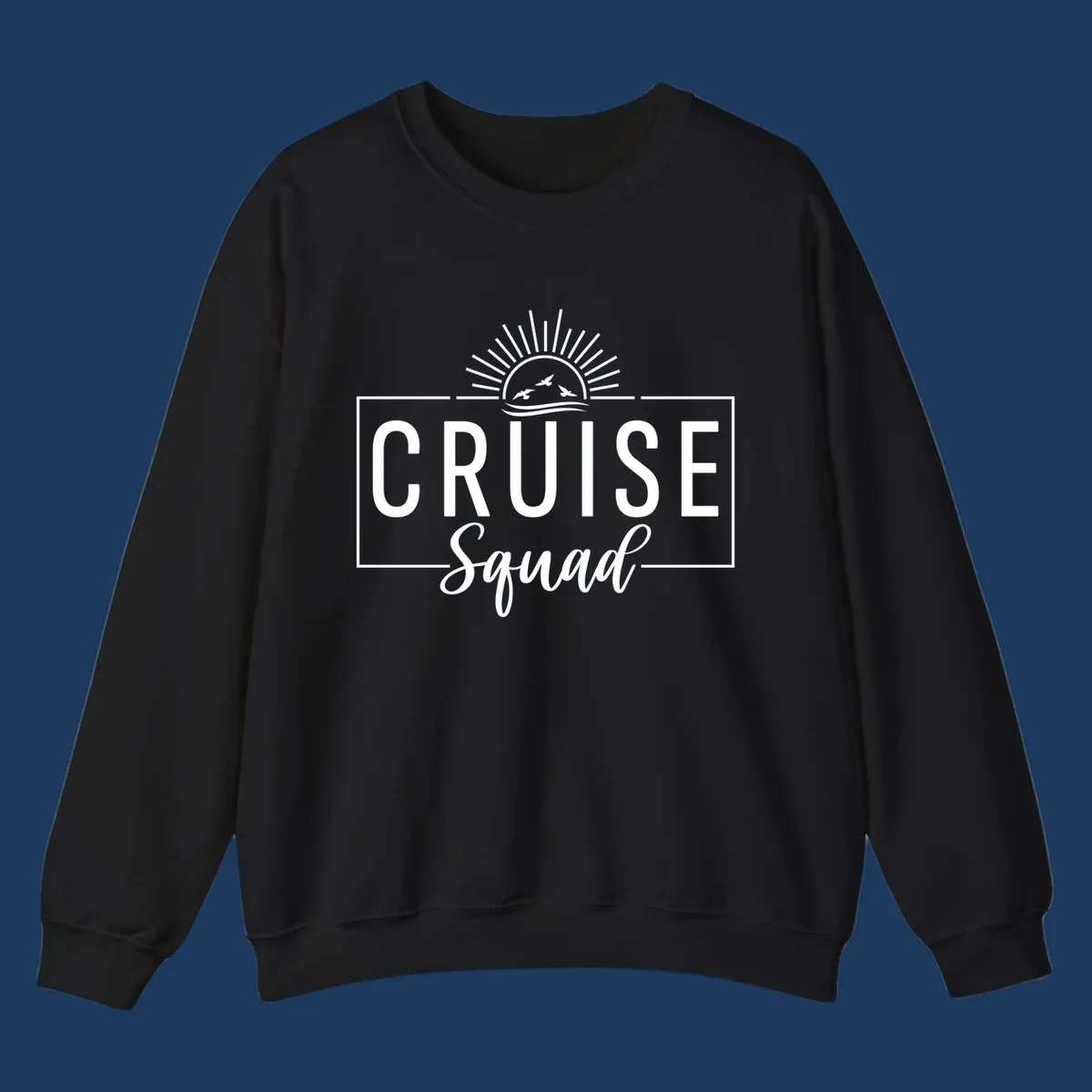Cruise squad sunrise design with rising sun, radiating rays, ocean waves, and flying birds in white on gray background