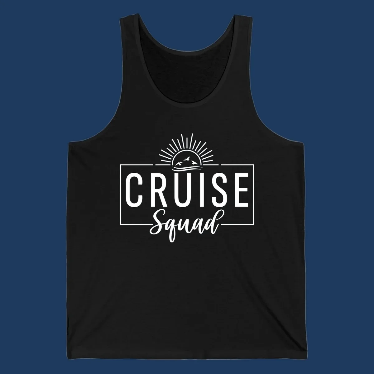 Cruise squad sunrise design with rising sun, radiating rays, ocean waves, and flying birds in white on gray background