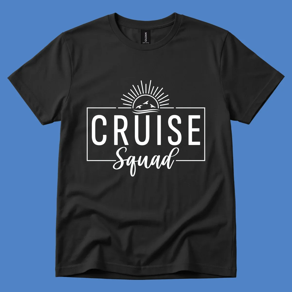 Cruise squad sunrise design with rising sun, radiating rays, ocean waves, and flying birds in white on gray background