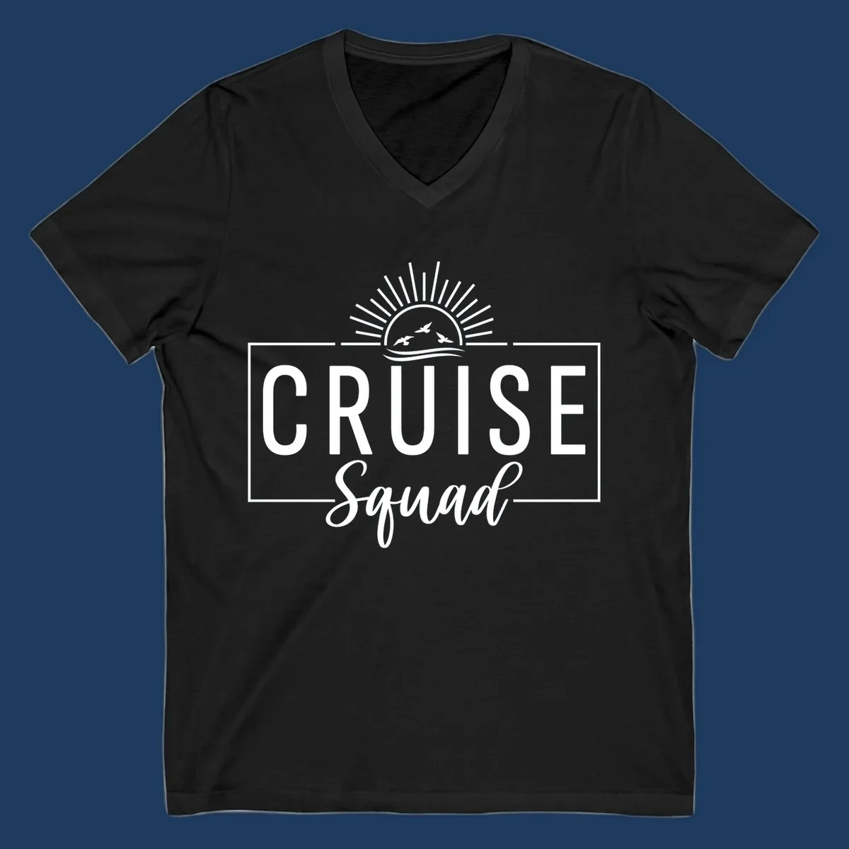 Cruise squad sunrise design with rising sun, radiating rays, ocean waves, and flying birds in white on gray background