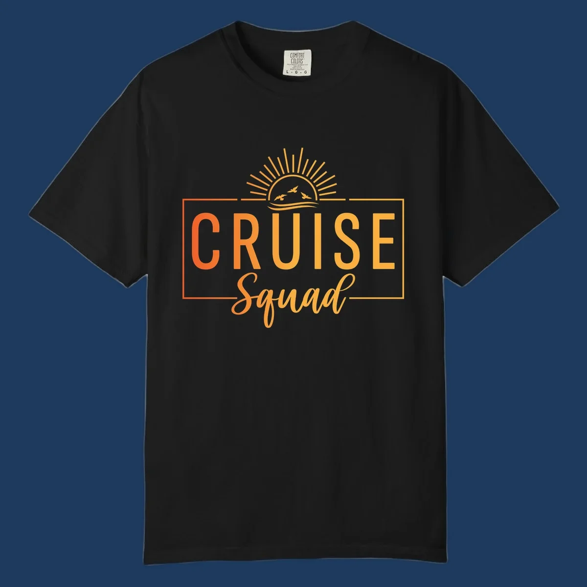 Cruise squad sunrise design with golden sun rays, flying birds, ocean waves, and bold text on gray background