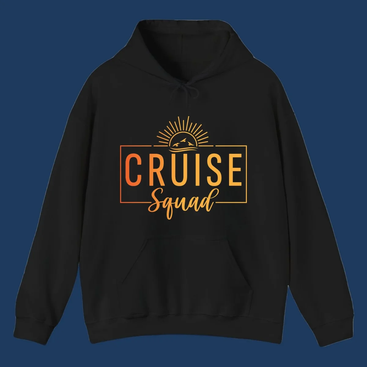 Cruise squad sunrise design with golden sun rays, flying birds, ocean waves, and bold text on gray background