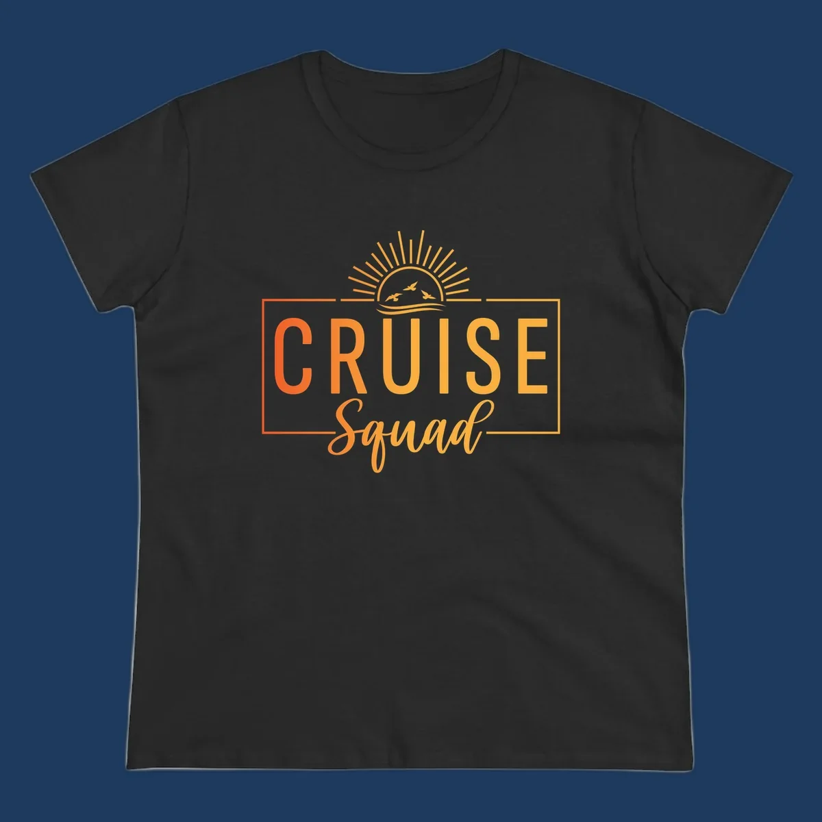 Cruise squad sunrise design with golden sun rays, flying birds, ocean waves, and bold text on gray background