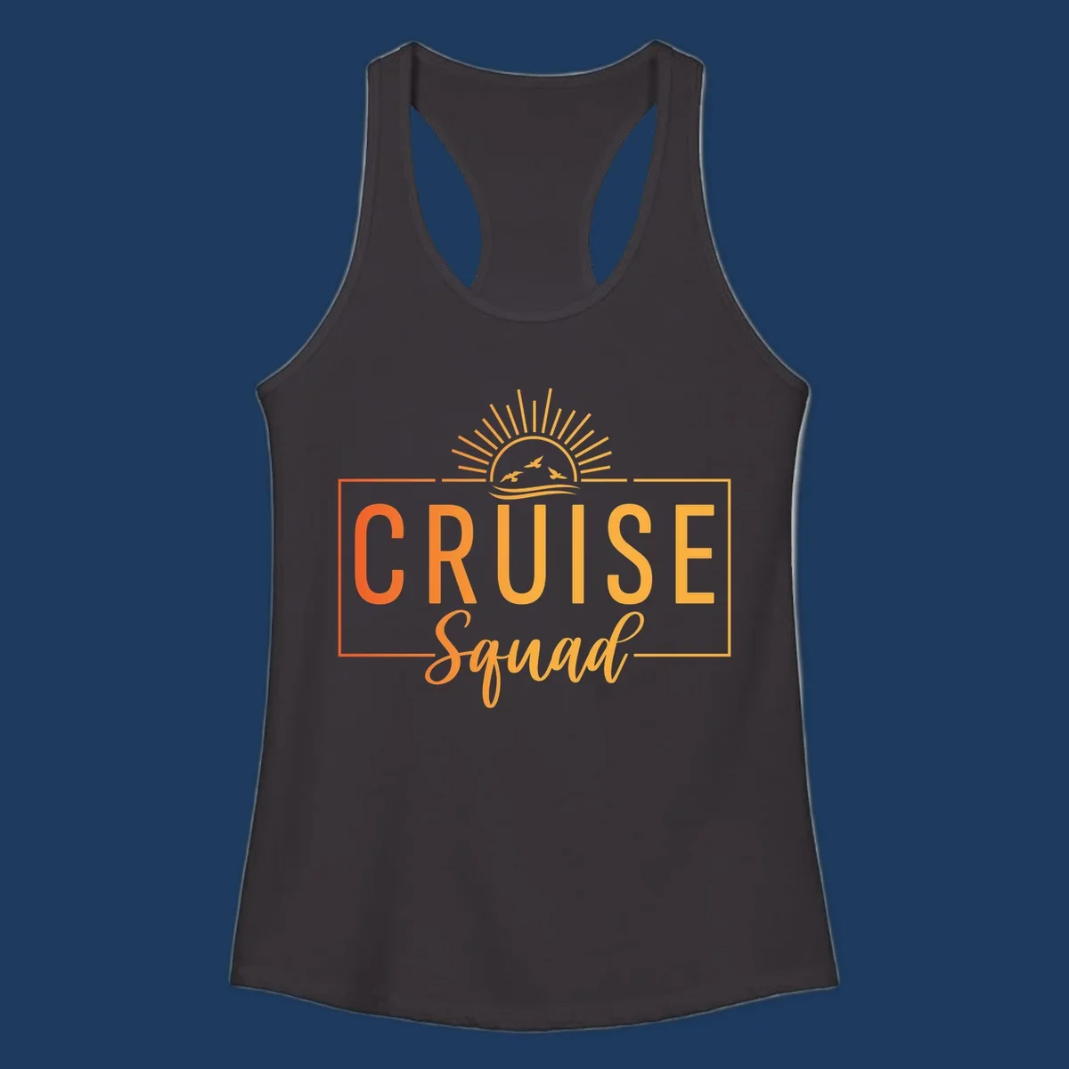 Cruise squad sunrise design with golden sun rays, flying birds, ocean waves, and bold text on gray background