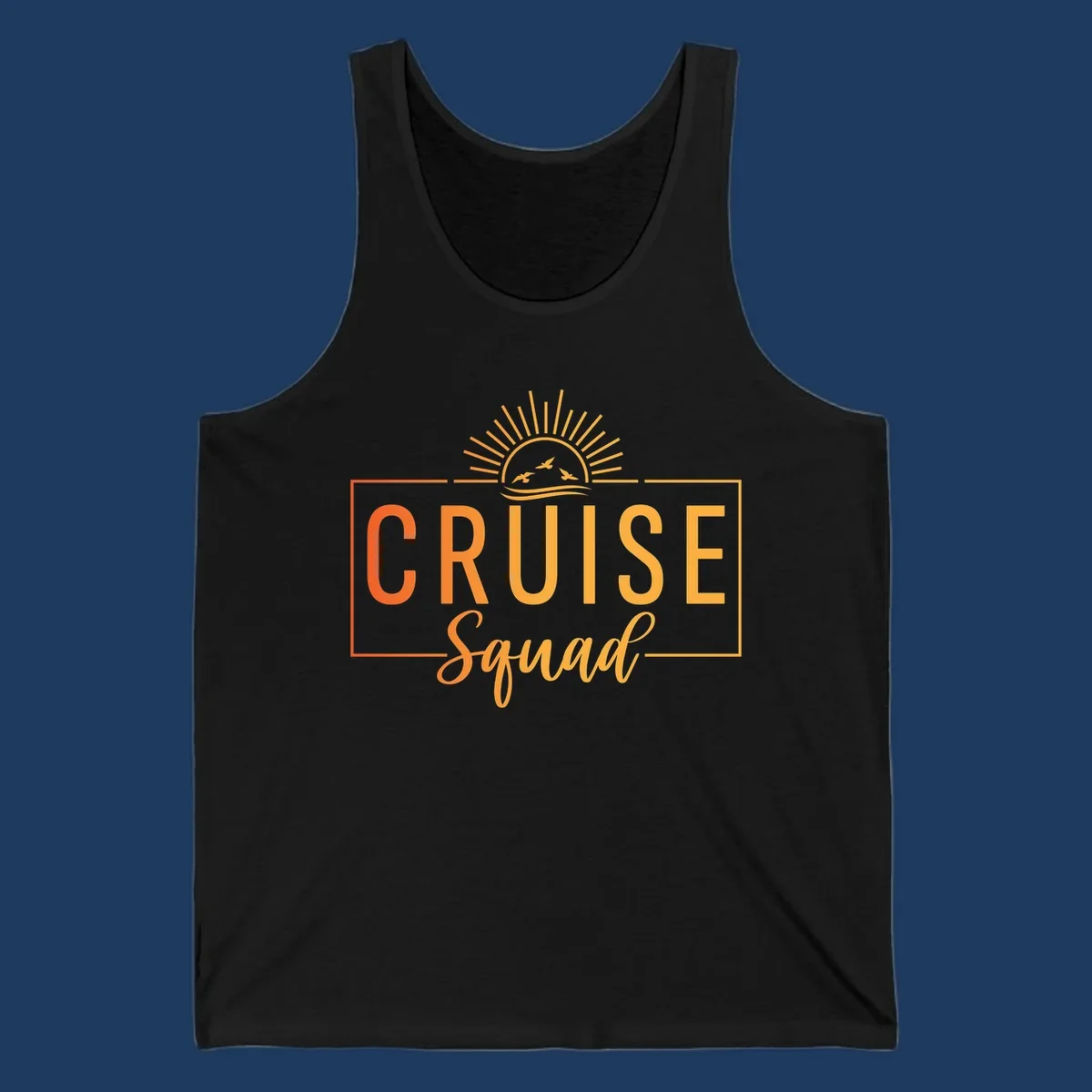 Cruise squad sunrise design with golden sun rays, flying birds, ocean waves, and bold text on gray background