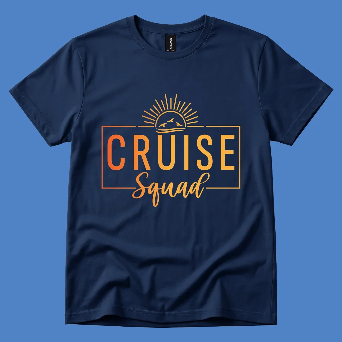 Cruise squad sunrise design with golden sun rays, flying birds, ocean waves, and bold text on gray background