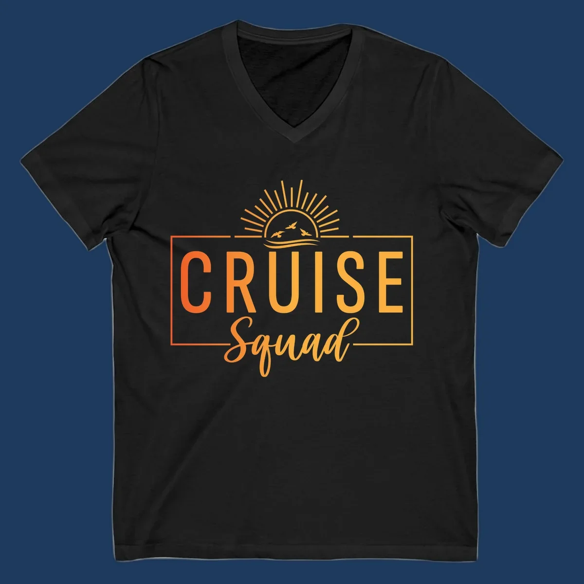 Cruise squad sunrise design with golden sun rays, flying birds, ocean waves, and bold text on gray background