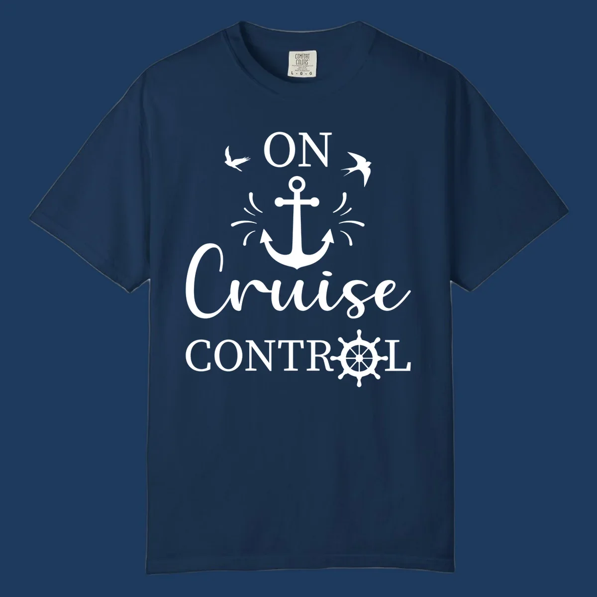 White nautical design with anchor, ship wheel, seagulls, and 'On Cruise Control' text on gray background
