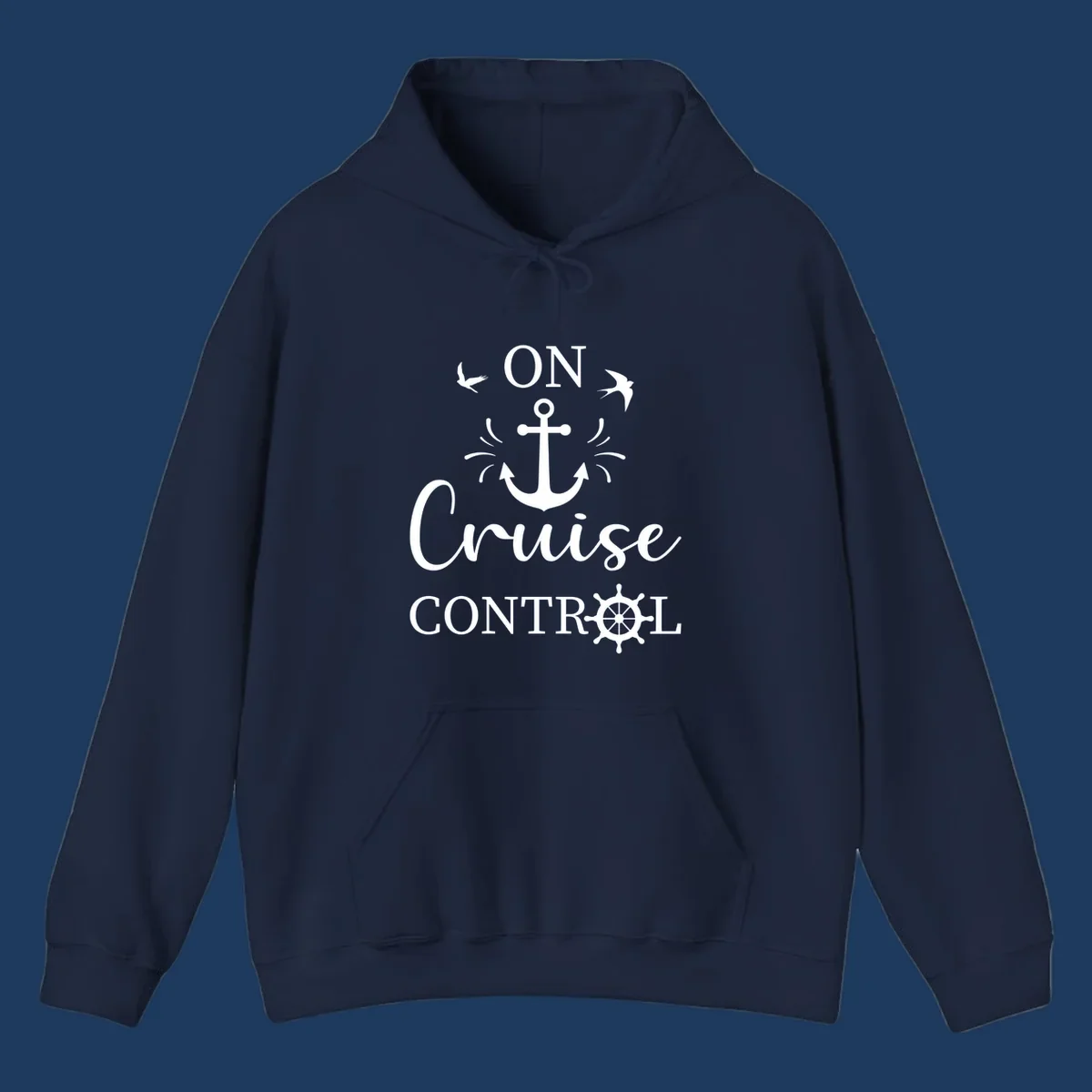 White nautical design with anchor, ship wheel, seagulls, and 'On Cruise Control' text on gray background