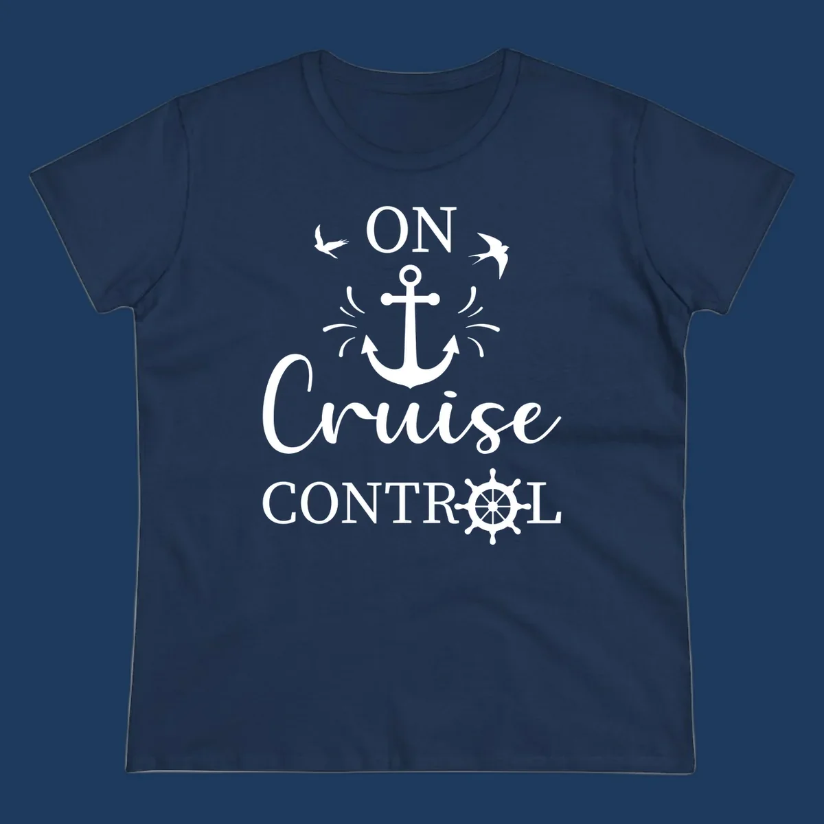White nautical design with anchor, ship wheel, seagulls, and 'On Cruise Control' text on gray background