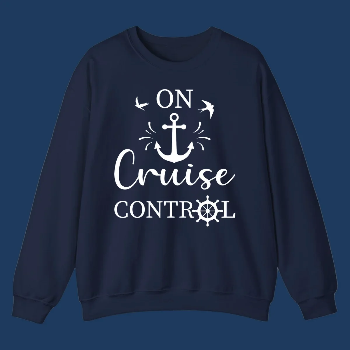 White nautical design with anchor, ship wheel, seagulls, and 'On Cruise Control' text on gray background