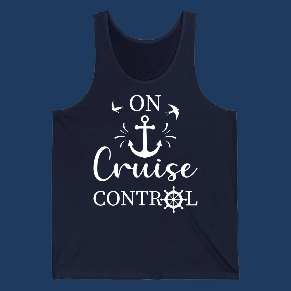 White nautical design with anchor, ship wheel, seagulls, and 'On Cruise Control' text on gray background