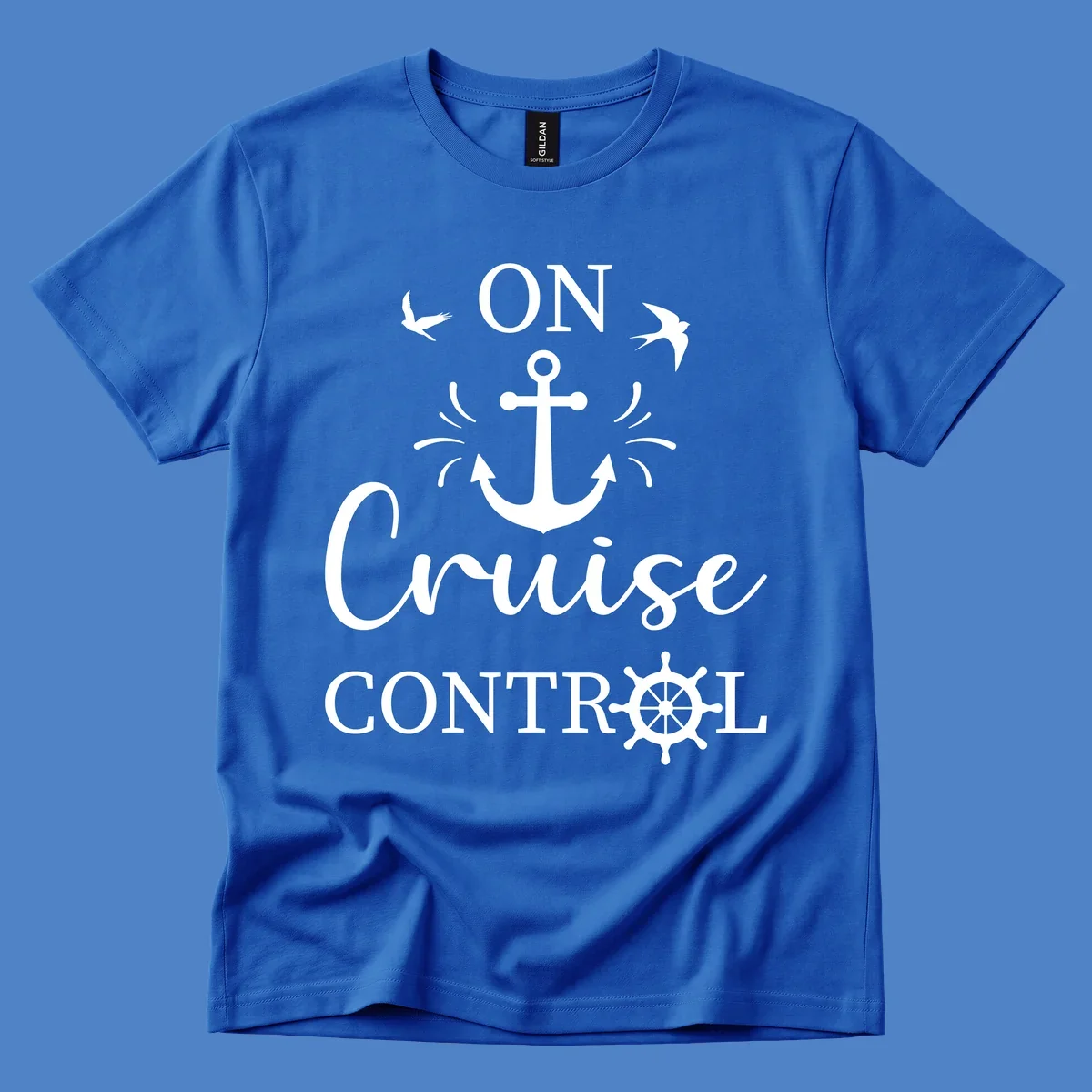 White nautical design with anchor, ship wheel, seagulls, and 'On Cruise Control' text on gray background
