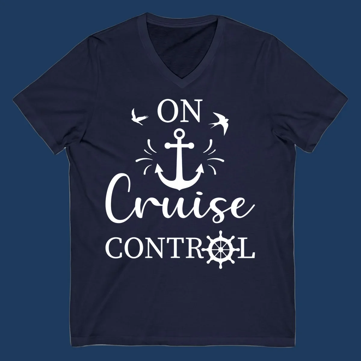White nautical design with anchor, ship wheel, seagulls, and 'On Cruise Control' text on gray background