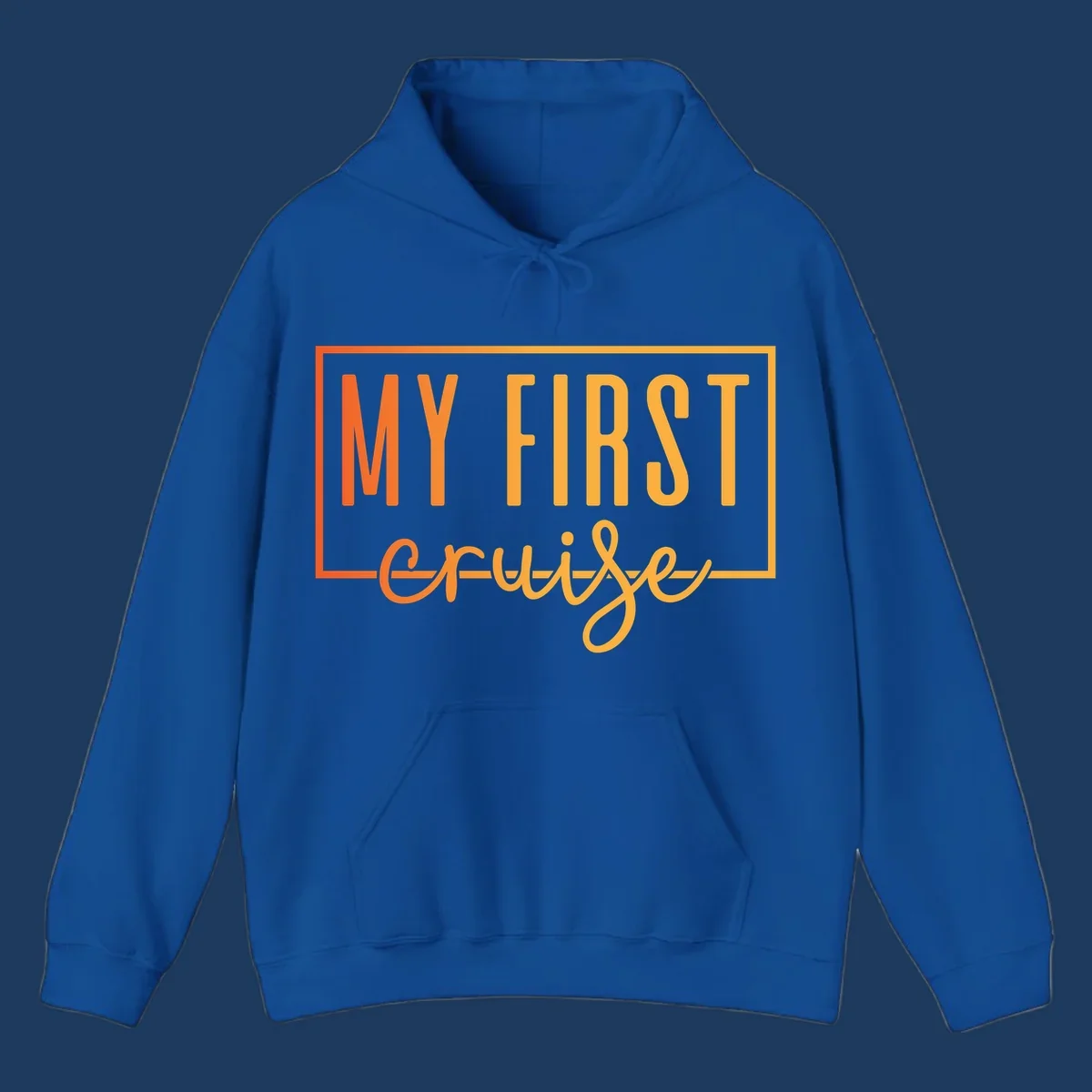 Bold typography design reading 'MY FIRST CRUISE' in orange and yellow gradient letters with rectangular border frame on gray background