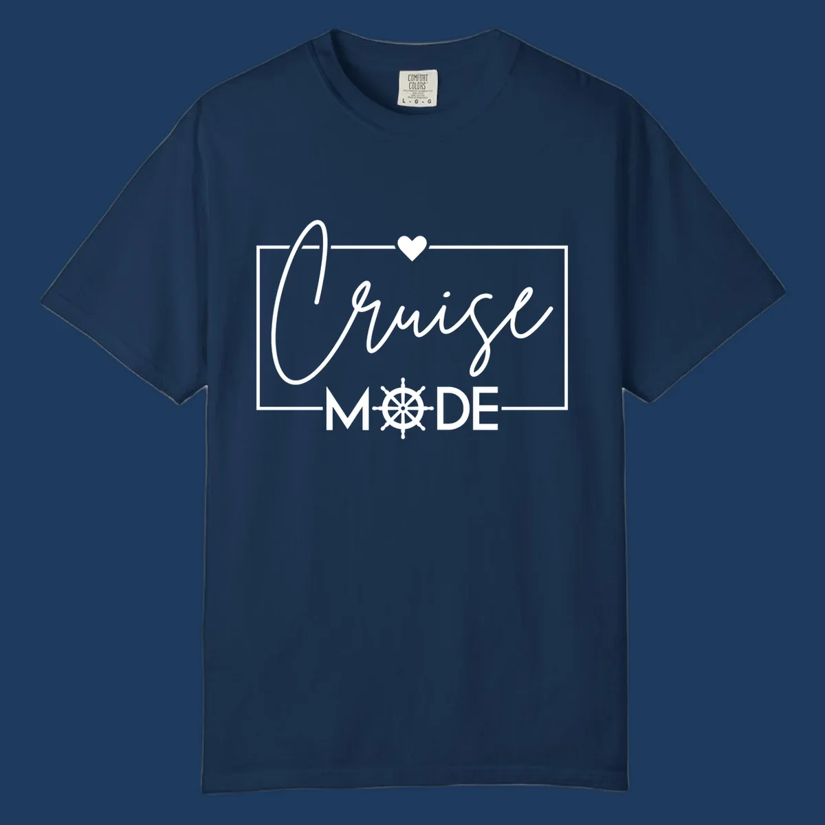Cruise mode nautical design with elegant cursive text, ship's wheel, and heart on gray background