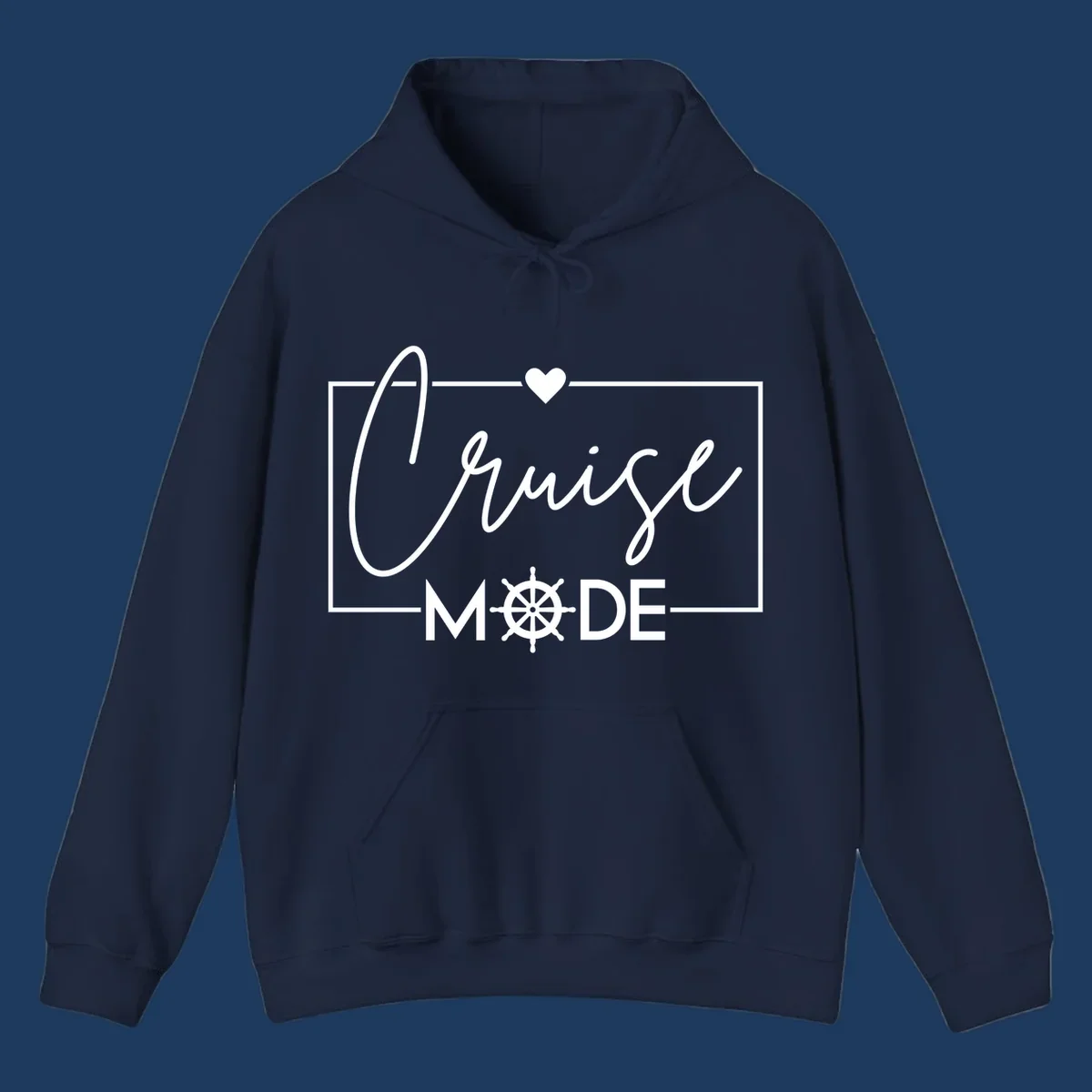 Cruise mode nautical design with elegant cursive text, ship's wheel, and heart on gray background