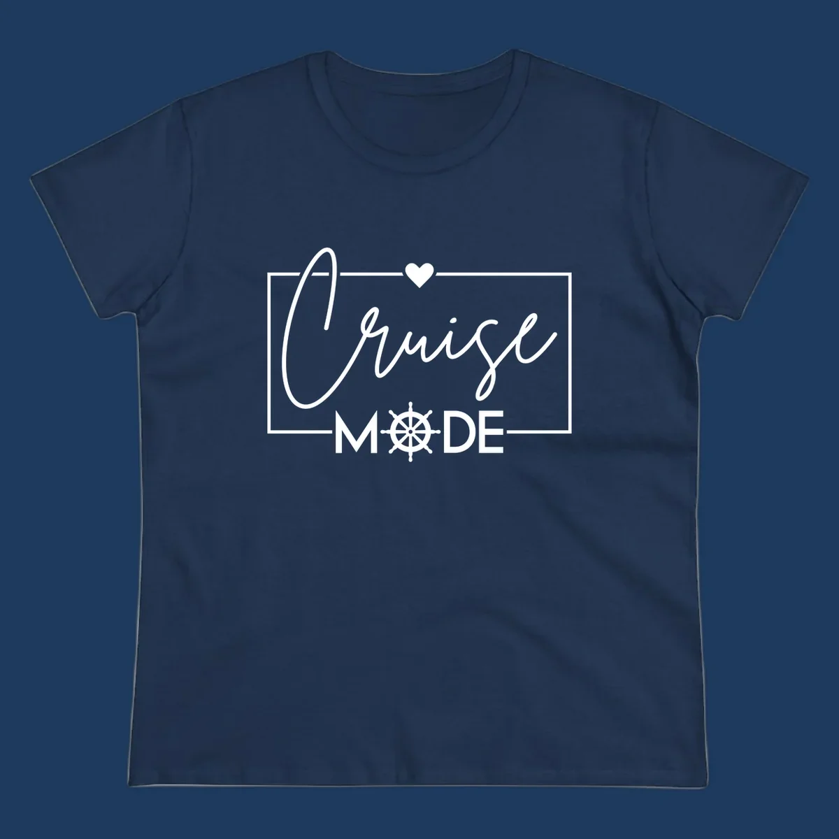 Cruise mode nautical design with elegant cursive text, ship's wheel, and heart on gray background
