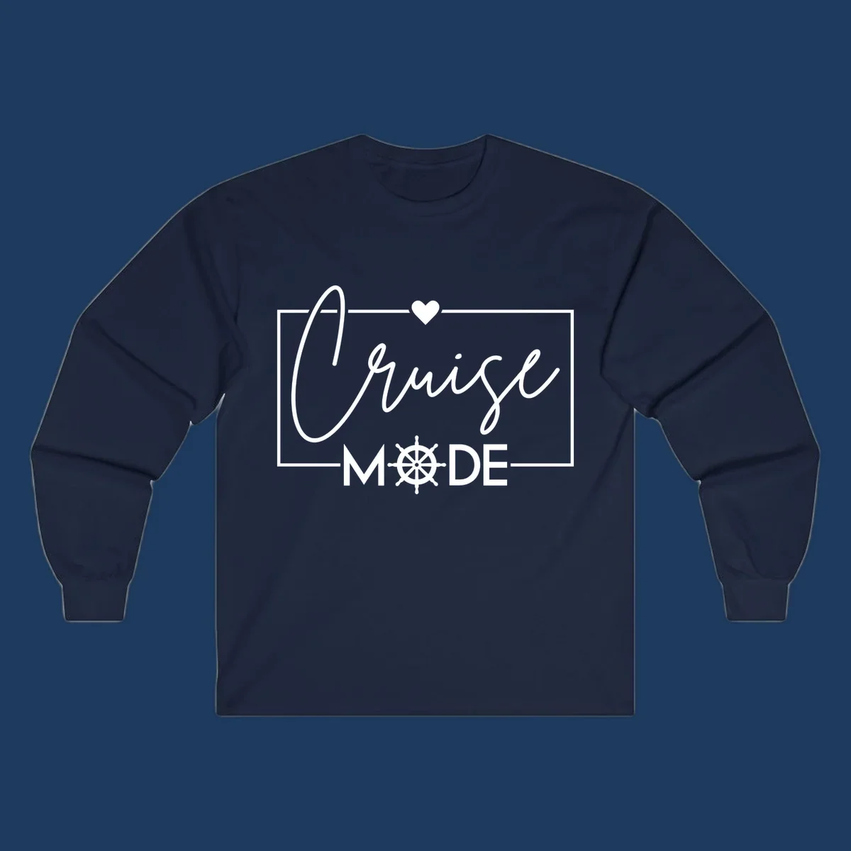 Cruise mode nautical design with elegant cursive text, ship's wheel, and heart on gray background