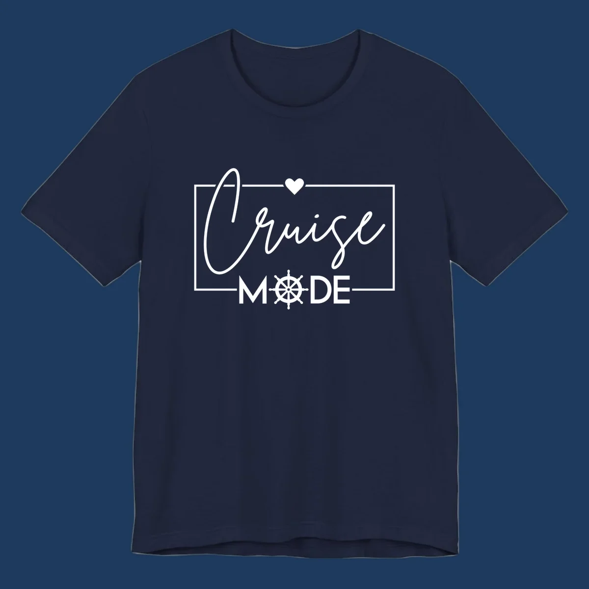 Cruise mode nautical design with elegant cursive text, ship's wheel, and heart on gray background