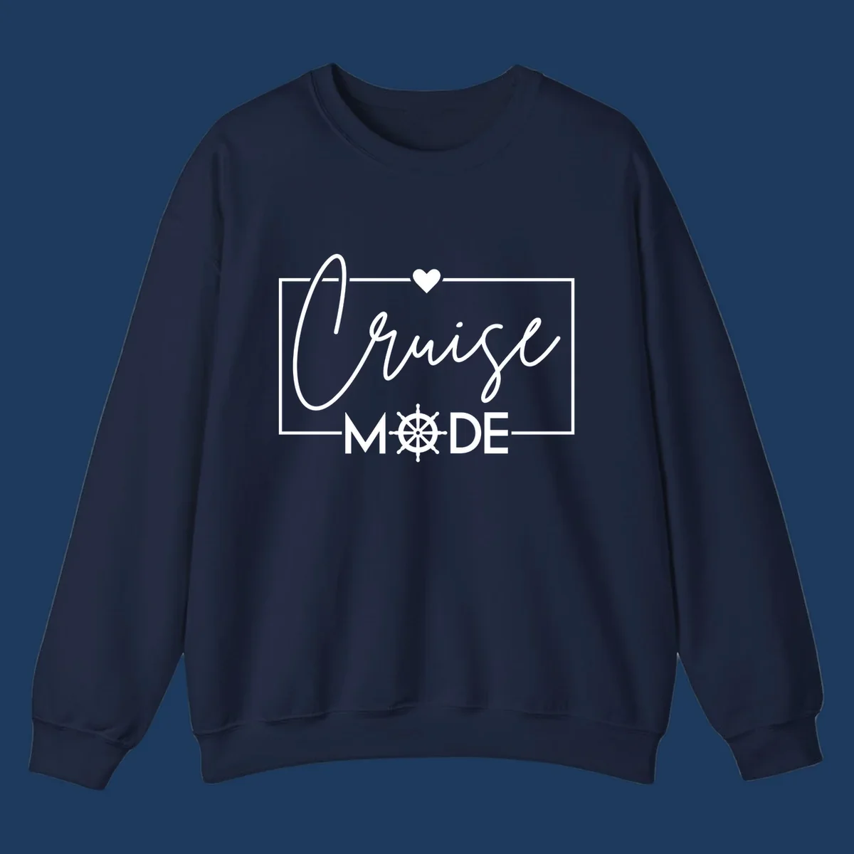 Cruise mode nautical design with elegant cursive text, ship's wheel, and heart on gray background