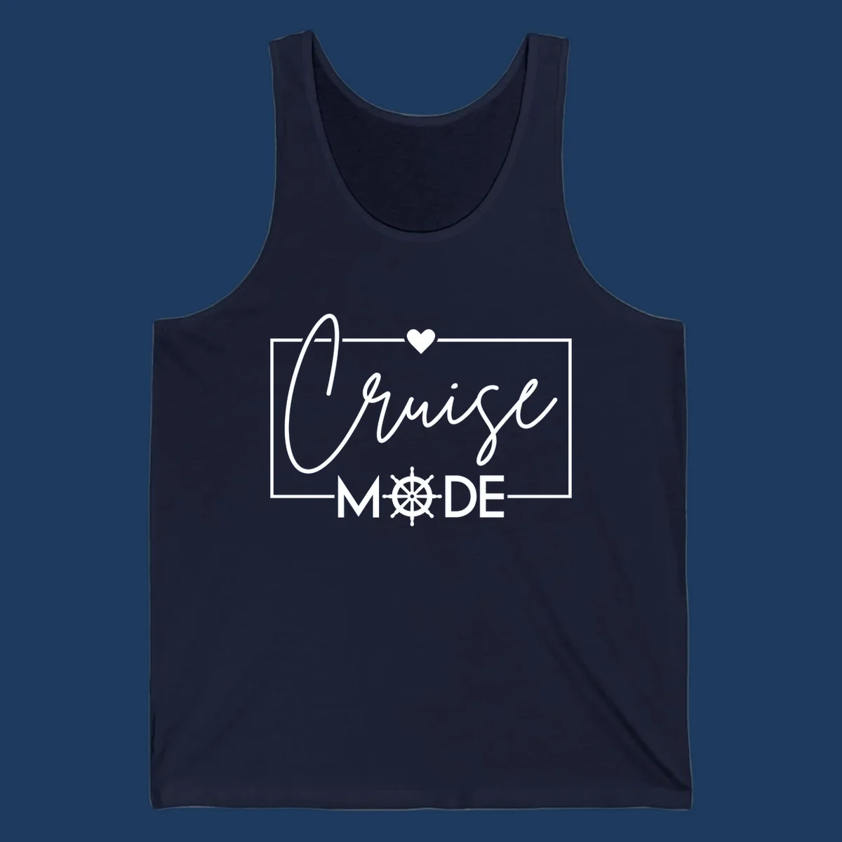 Cruise mode nautical design with elegant cursive text, ship's wheel, and heart on gray background