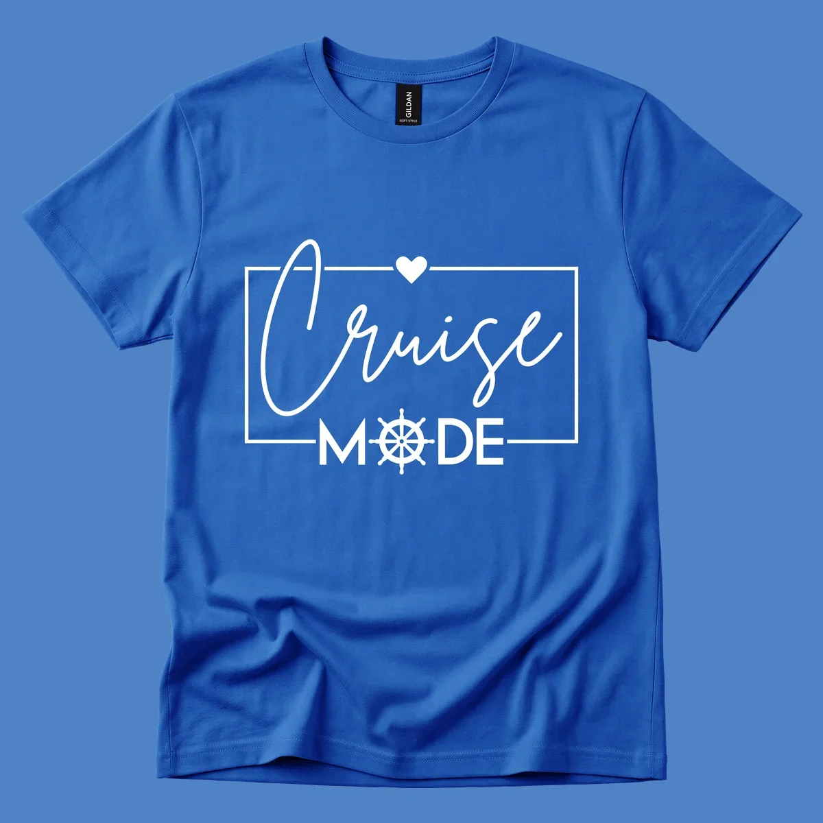 Cruise mode nautical design with elegant cursive text, ship's wheel, and heart on gray background