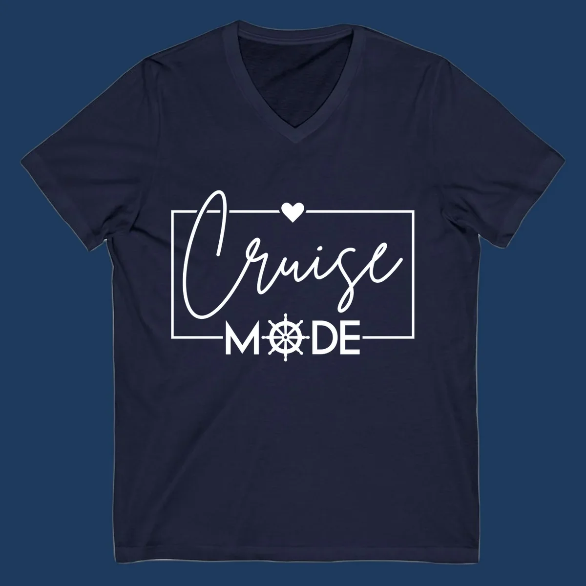 Cruise mode nautical design with elegant cursive text, ship's wheel, and heart on gray background